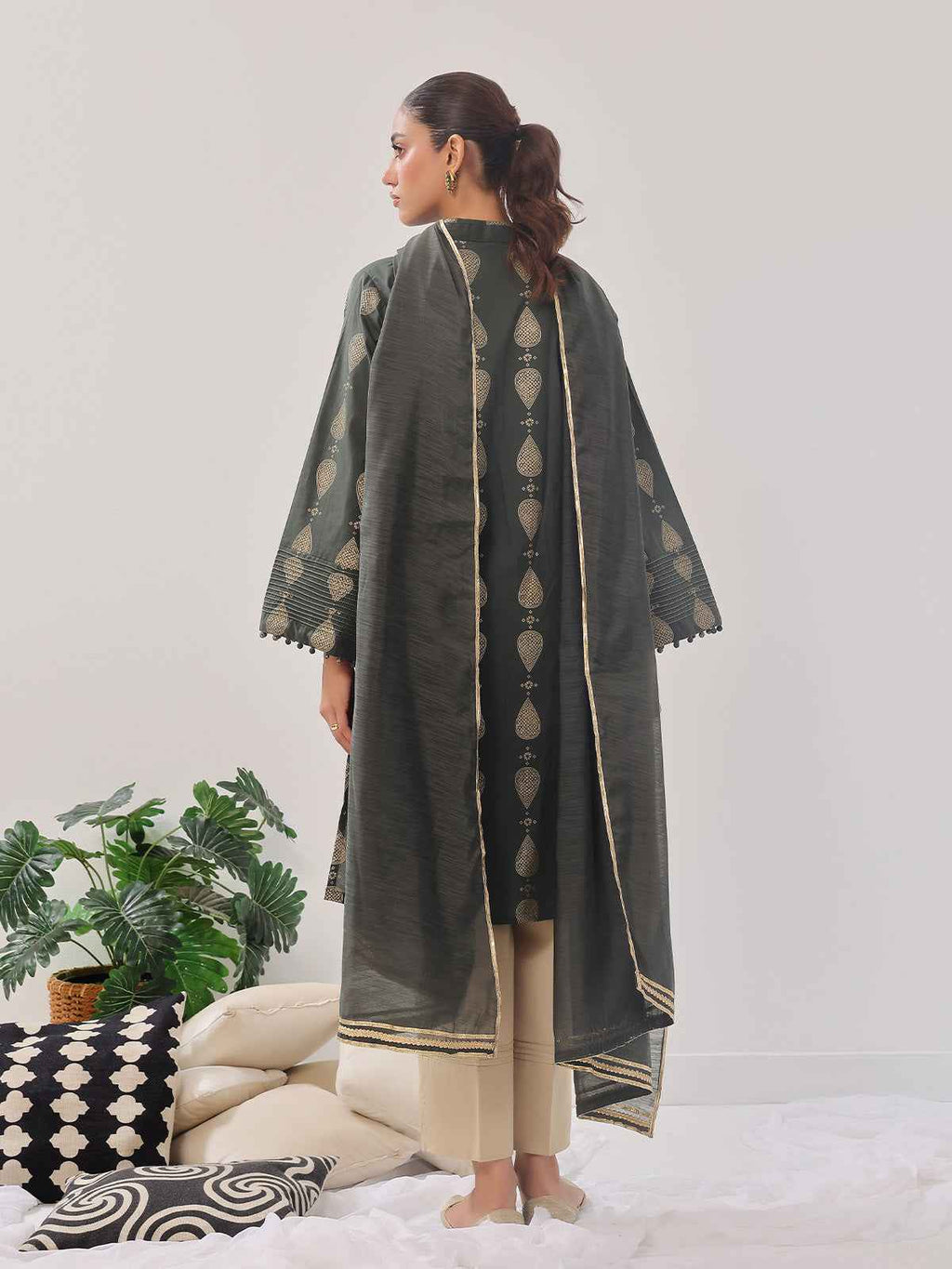 3Pc Printed Suit Pret Cambric Olive Green - OW3P-2408017