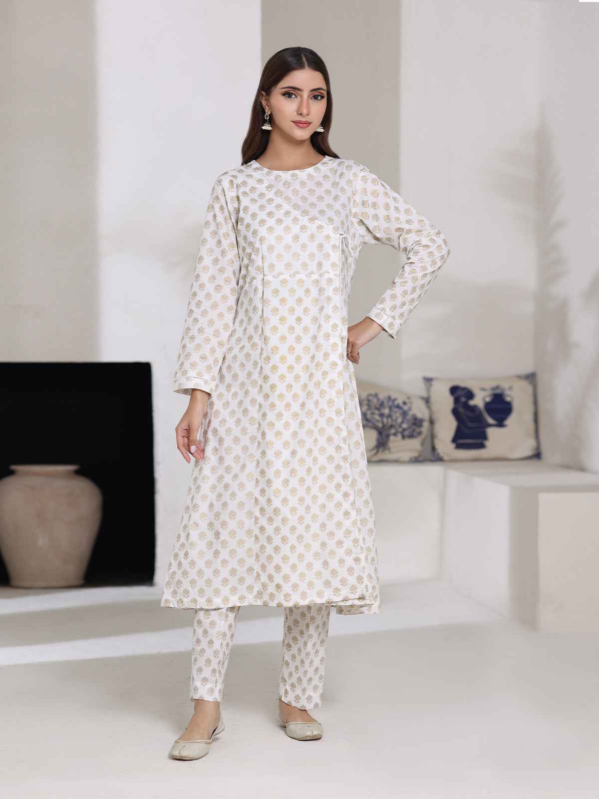 2Pc Screen Print Pret Shirt Trouser Cambric Off White - OW2P-2508010
