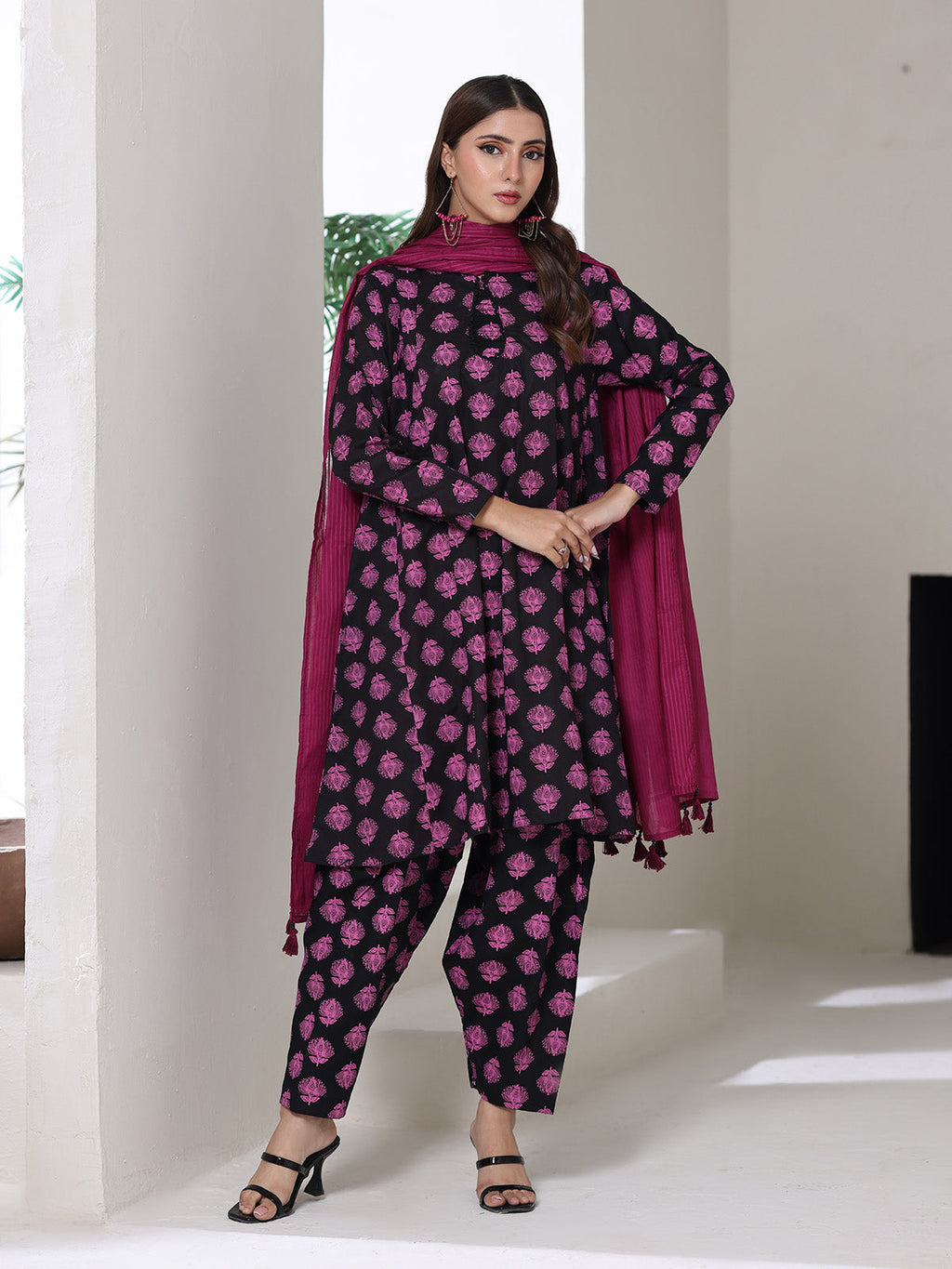 3Pc Screen Print Pret Suit Cambric Black & Magenta - OW3P-2508015