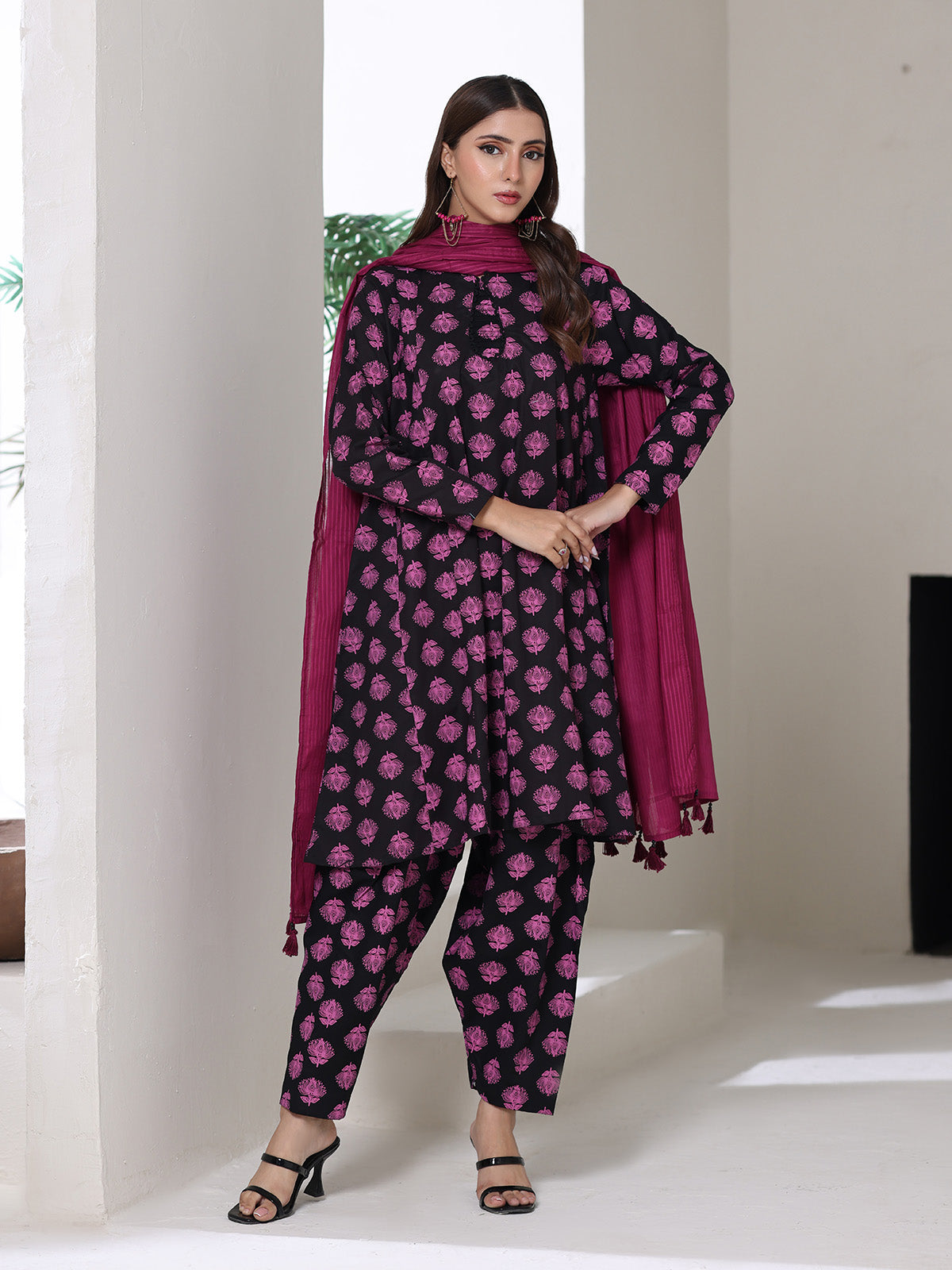 2Pc Screen Print Pret Shirt Trouser Cambric Black & Magenta - OW2P-2508015