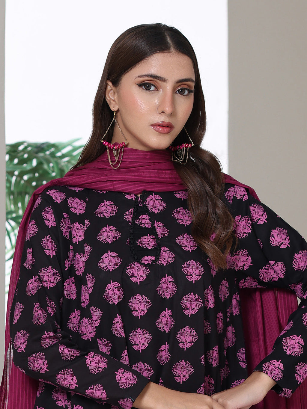 3Pc Screen Print Pret Suit Cambric Black & Magenta - OW3P-2508015