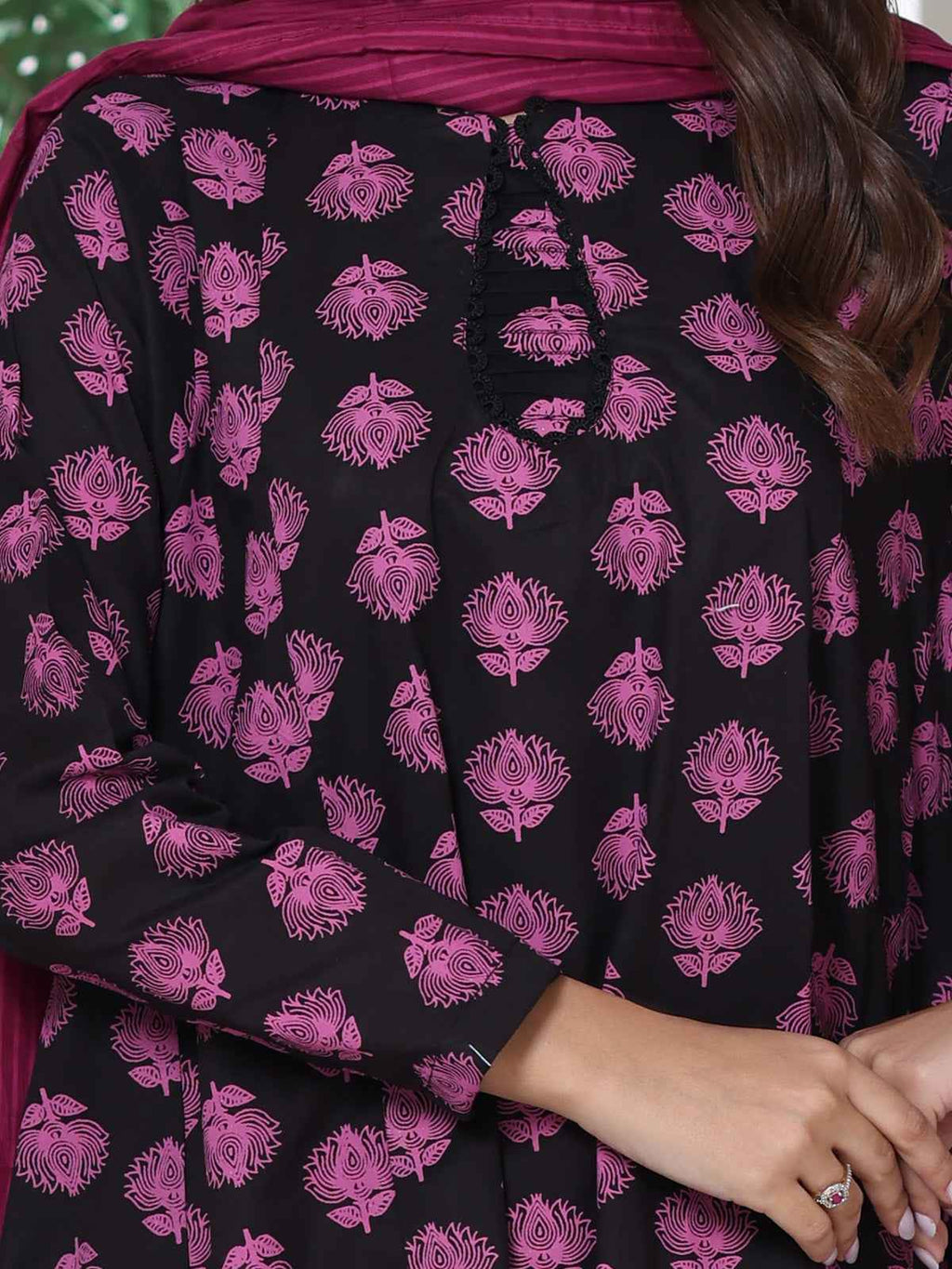 3Pc Screen Print Pret Suit Cambric Black & Magenta - OW3P-2508015