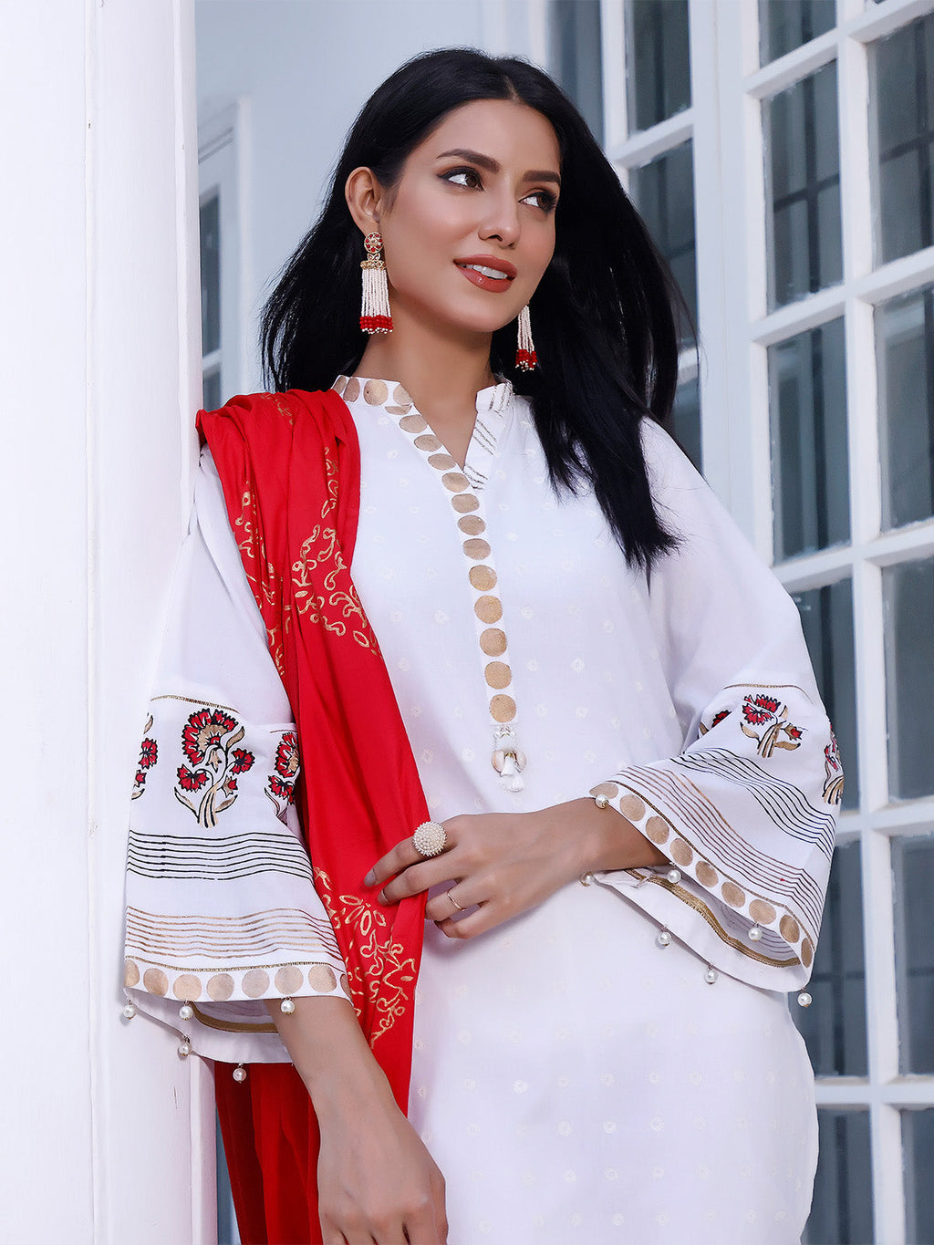 2Pc Printed Pret Shirt Dupatta Dobby White - OWBP2P-2105007