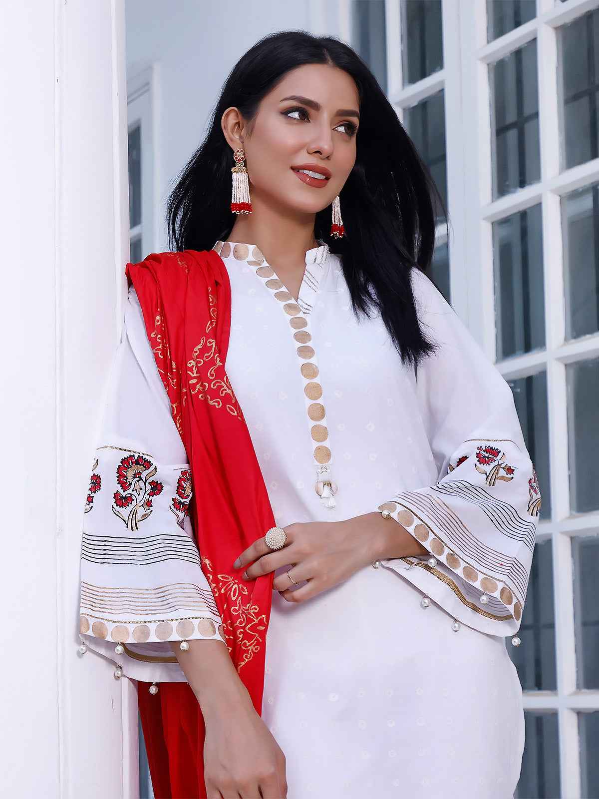 2Pc Printed Pret Shirt Dupatta Dobby White - OWBP2P-2105007