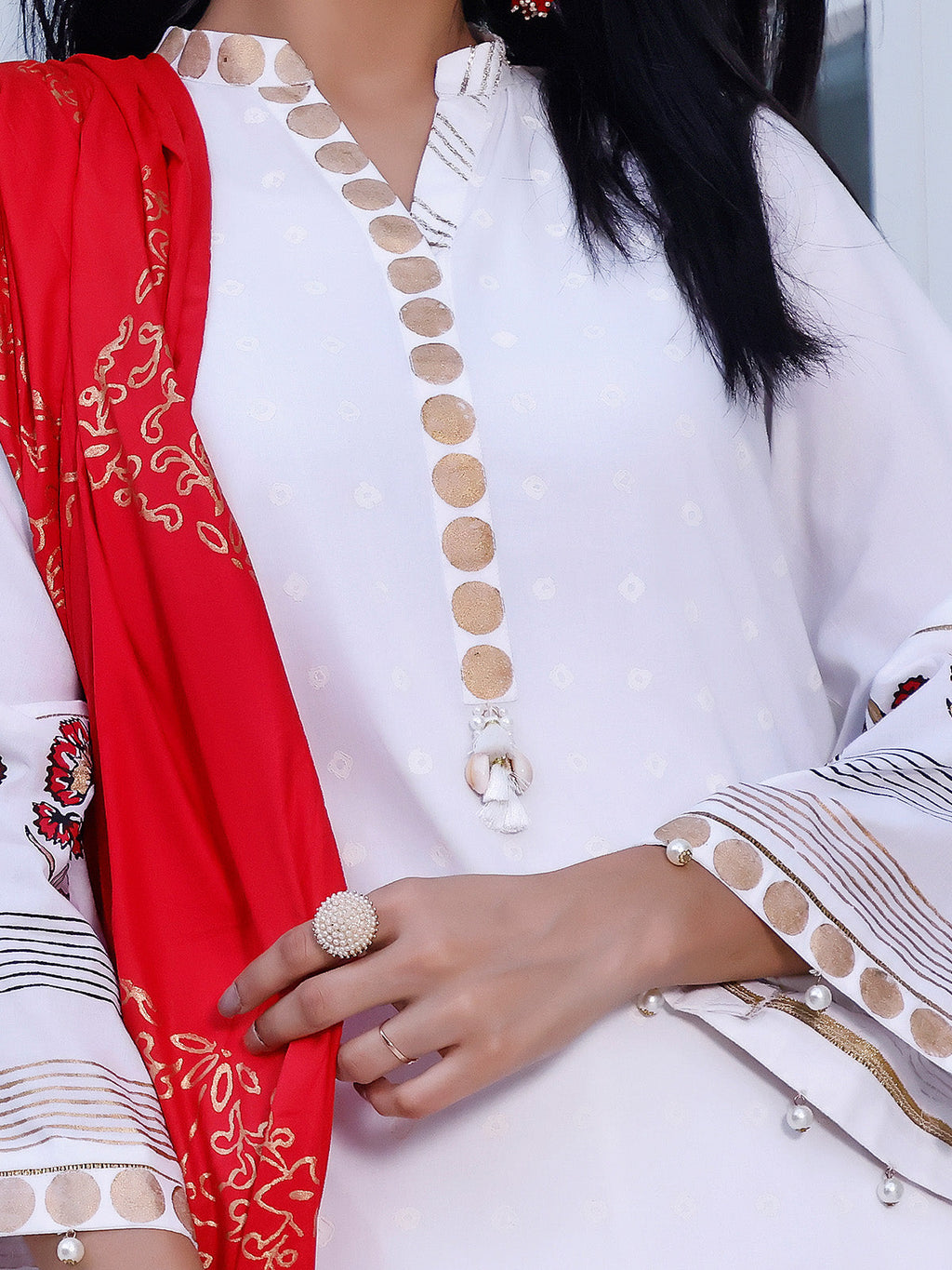 2Pc Printed Pret Shirt Dupatta Dobby White - OWBP2P-2105007