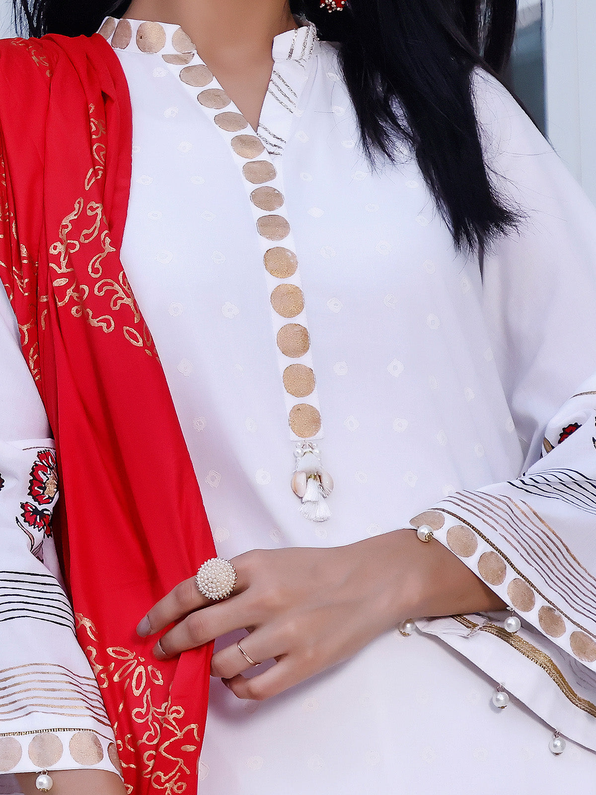 2Pc Printed Pret Shirt Dupatta Dobby White - OWBP2P-2105007