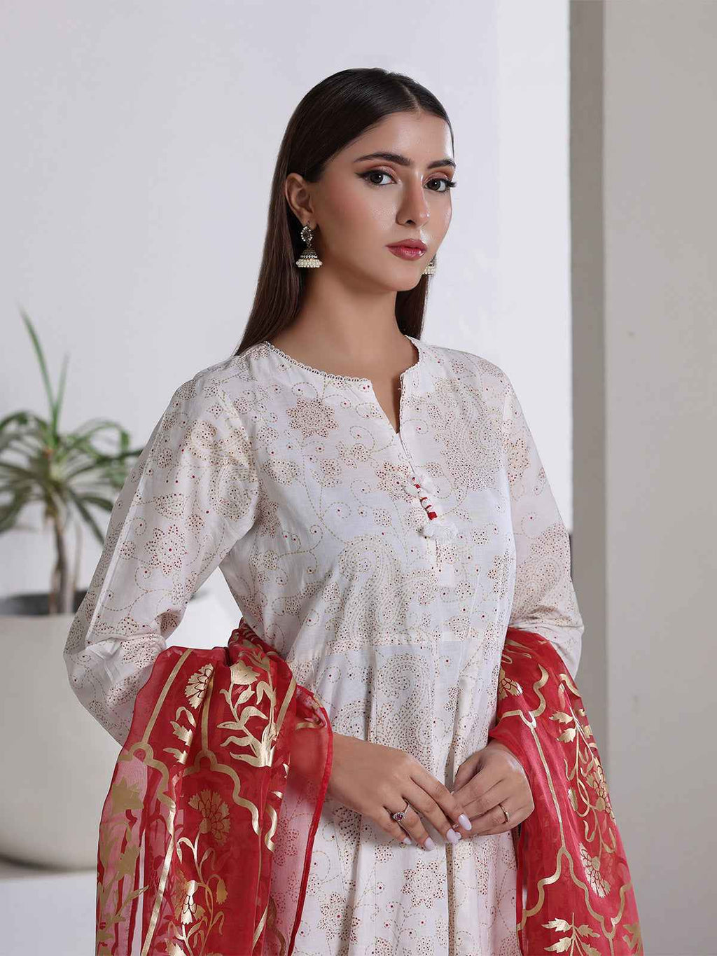 3Pc Screen Print Pret Suit Cambric Off White Red - OWE3P-2508001