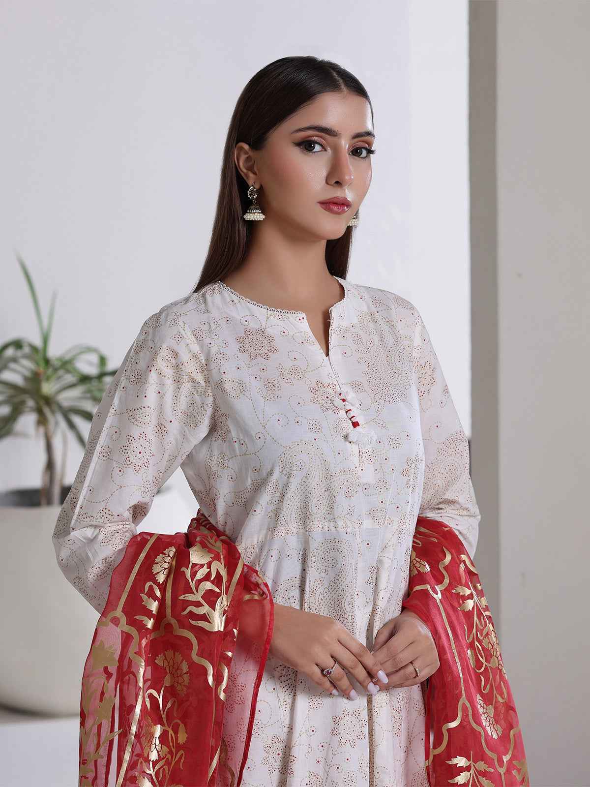 3Pc Screen Print Pret Suit Cambric Off White Red - OWE3P-2508001