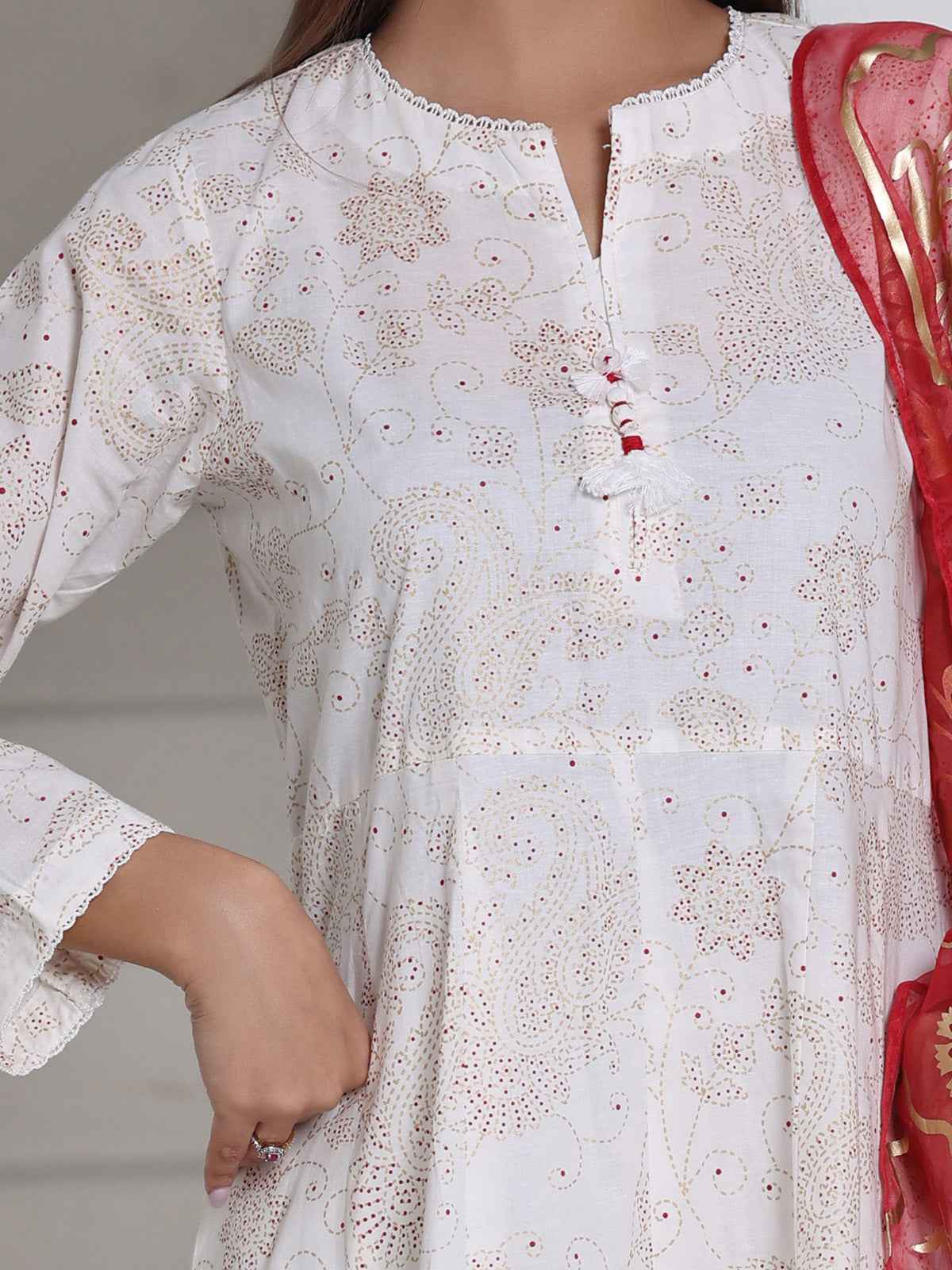 3Pc Screen Print Pret Suit Cambric Off White Red - OWE3P-2508001