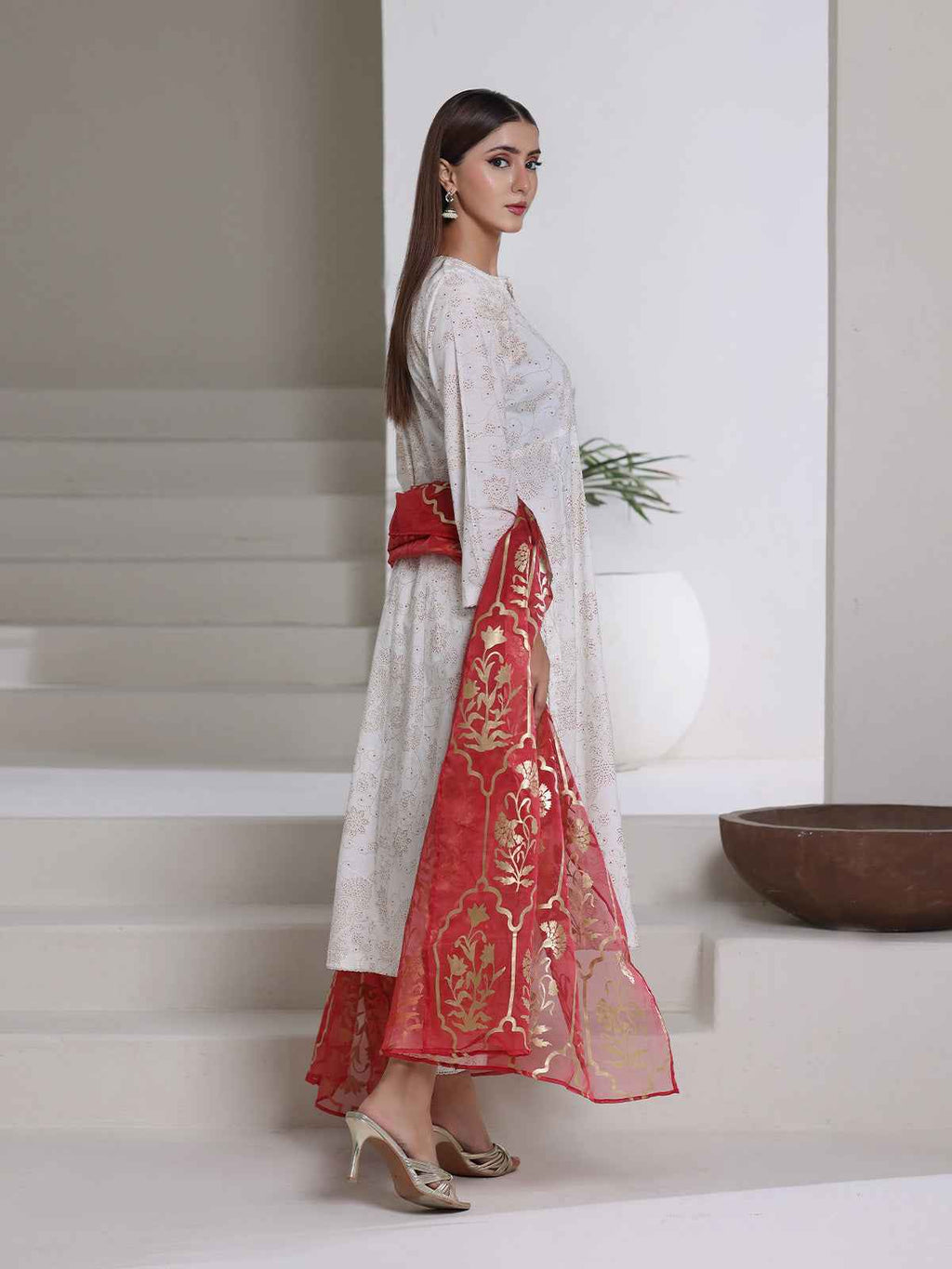 3Pc Screen Print Pret Suit Cambric Off White Red - OWE3P-2508001