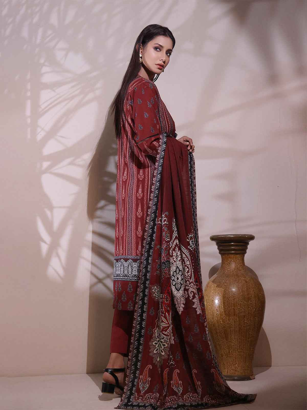2Pc Printed Pret Shirt Dupatta Khaddar Maroon - OWK2P-2209015