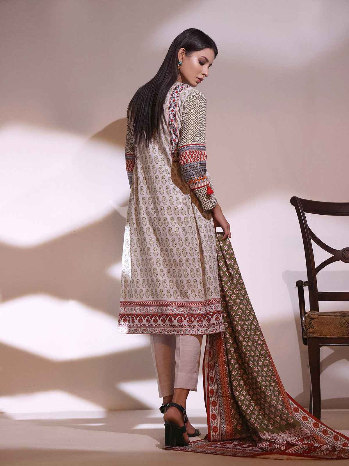 2Pc Printed Pret Shirt Dupatta Khaddar White & Green - OWK2P-2209017