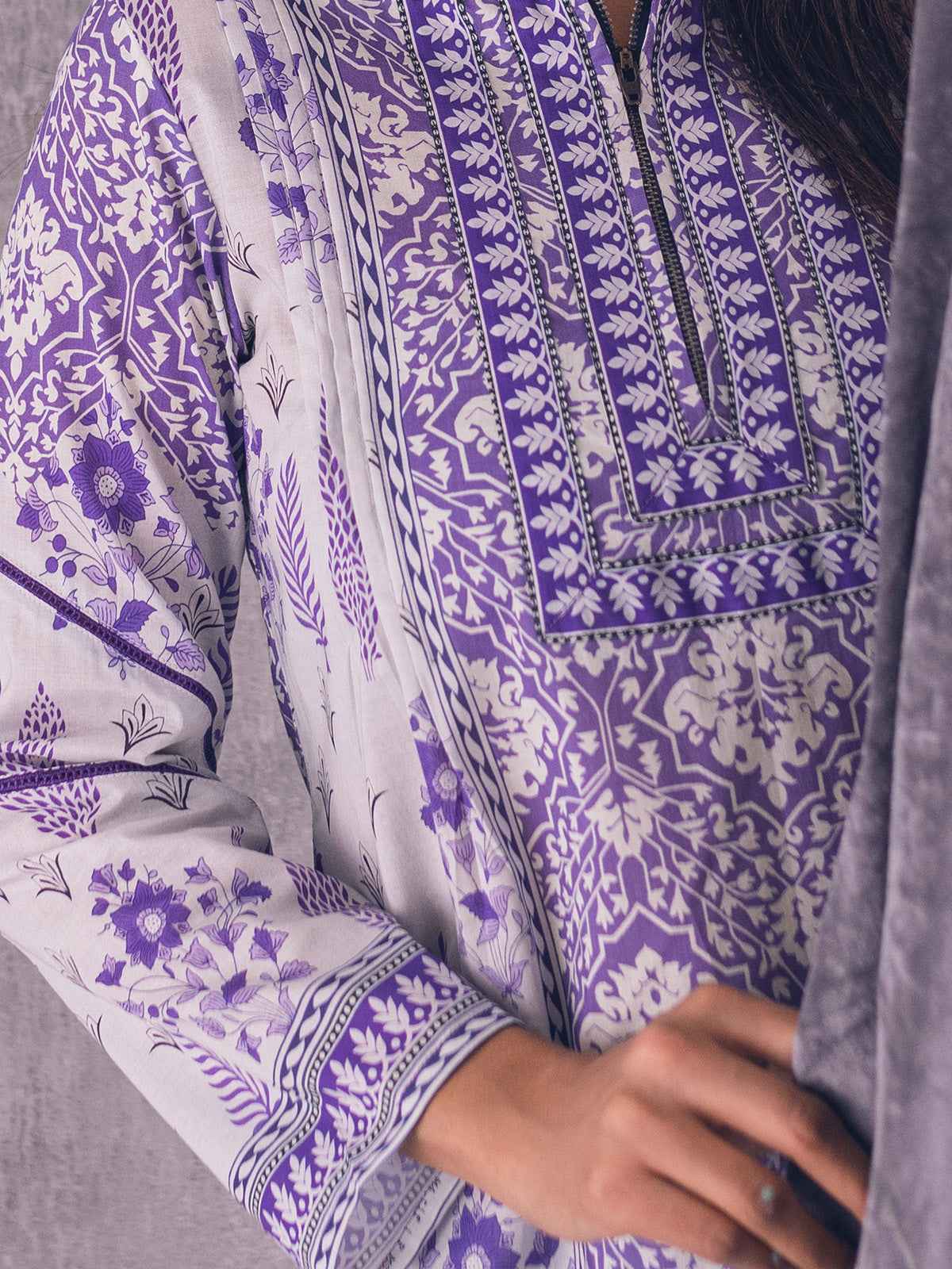 1Pc Printed Pret Kurti Lawn White & Purple - OWKT-2302003