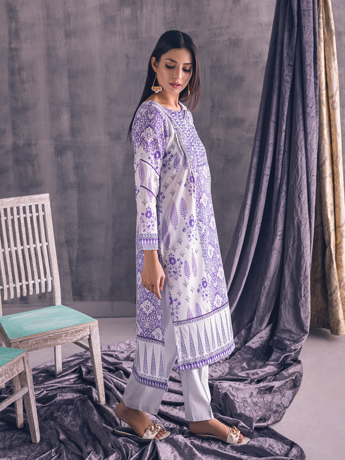 1Pc Printed Pret Kurti Lawn White & Purple - OWKT-2302003