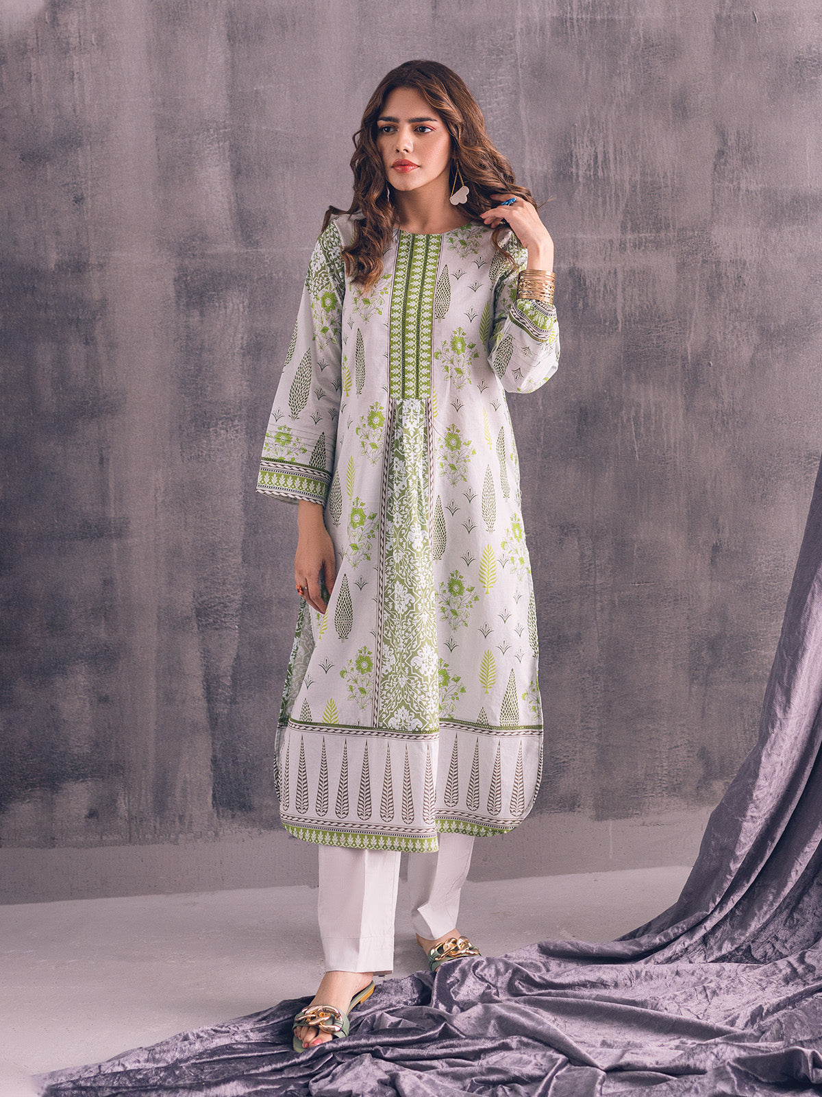 1Pc Printed Pret Kurti Lawn White & Green - OWKT-2302016
