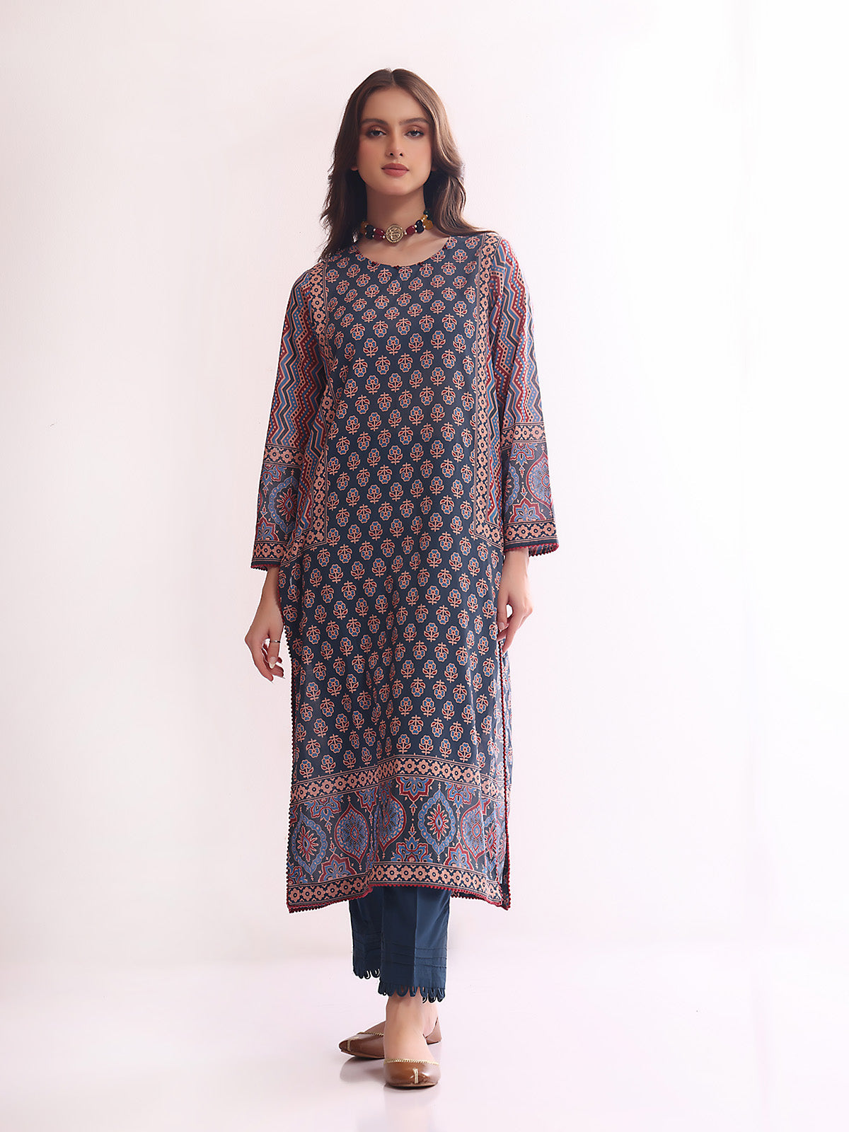1Pc Printed Pret Kurti Lawn Dark Blue - OWKT-2304015