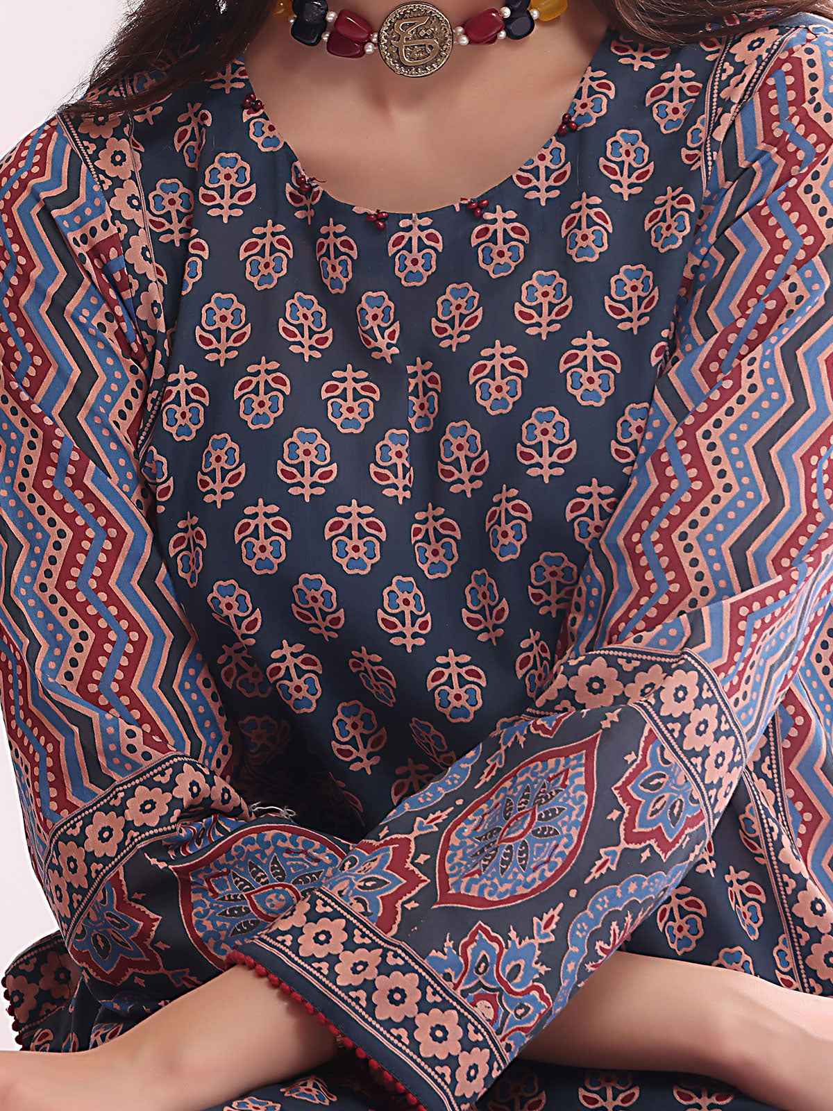 1Pc Printed Pret Kurti Lawn Dark Blue - OWKT-2304015
