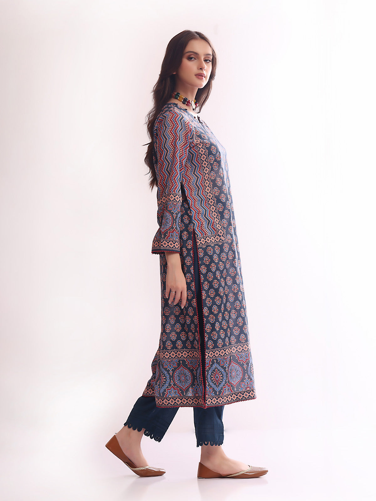 1Pc Printed Pret Kurti Lawn Dark Blue - OWKT-2304015