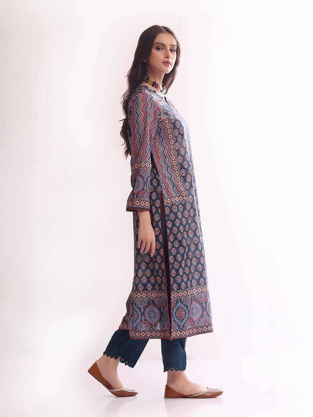 1Pc Printed Pret Kurti Lawn Dark Blue - OWKT-2304015