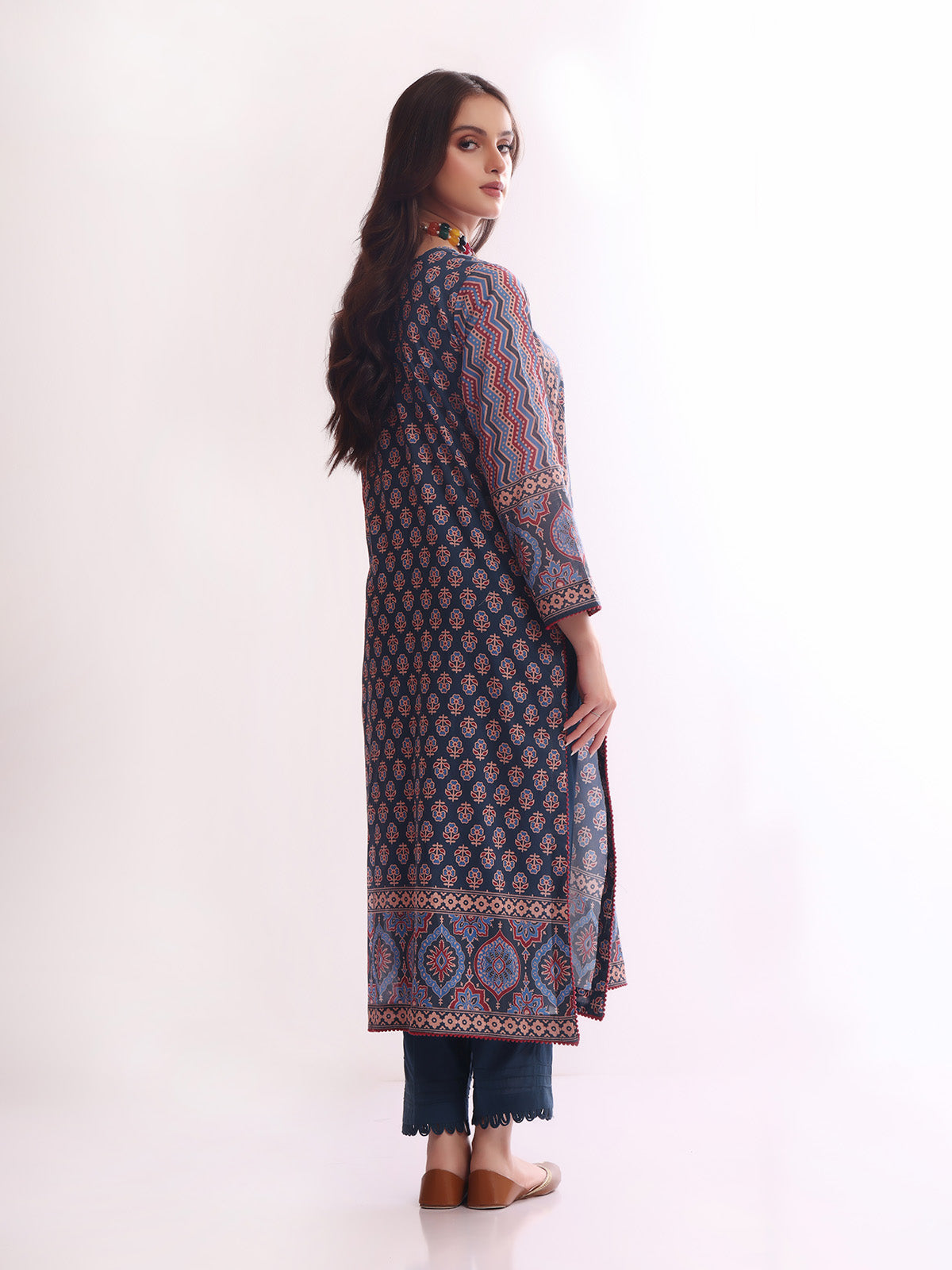 1Pc Printed Pret Kurti Lawn Dark Blue - OWKT-2304015