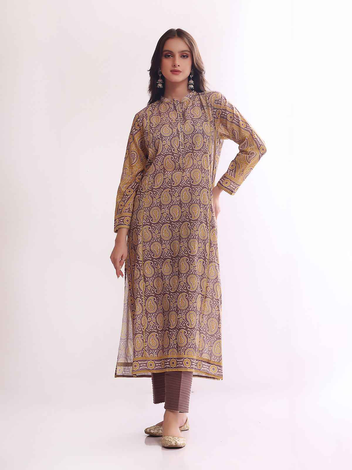 1Pc Printed Pret Kurti Lawn Grey - OWKT-2304017