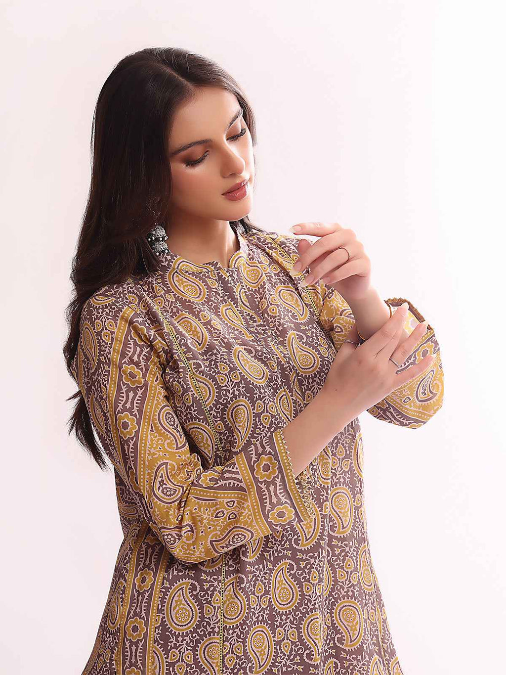 1Pc Printed Pret Kurti Lawn Grey - OWKT-2304017