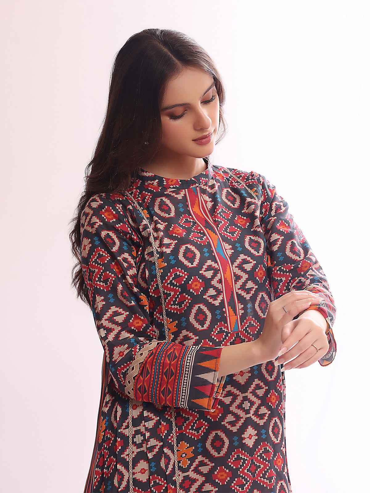 1Pc Printed Pret Kurti Lawn Navy Blue - OWKT-2304020