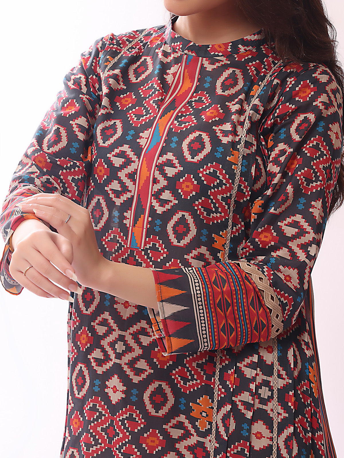 1Pc Printed Pret Kurti Lawn Navy Blue - OWKT-2304020