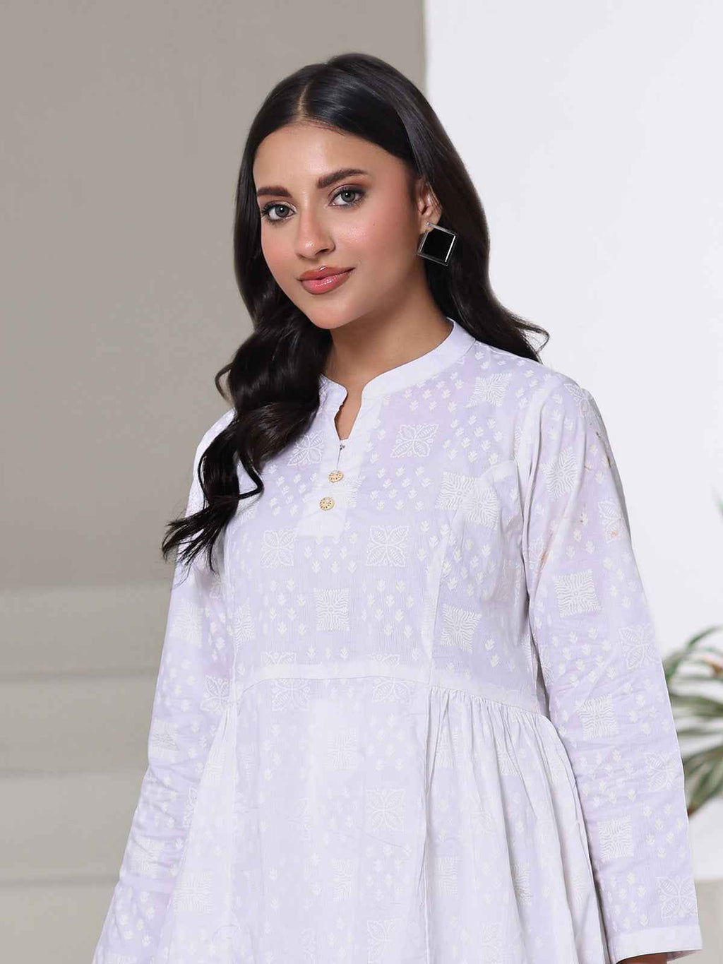1Pc Screen Print Pret Kurti Cambric White - OWKT-2508003