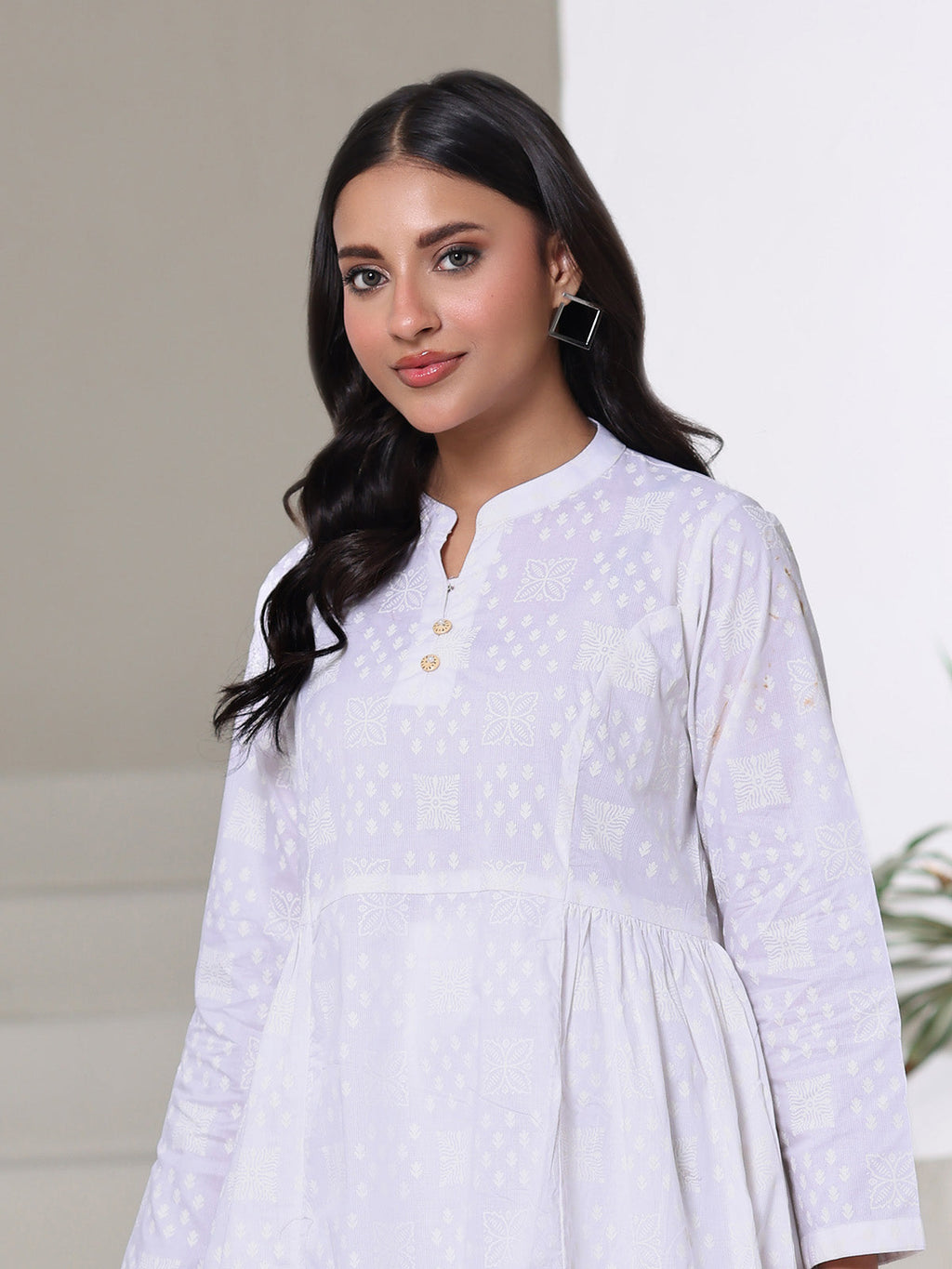 1Pc Screen Print Pret Kurti Cambric White - OWKT-2508003