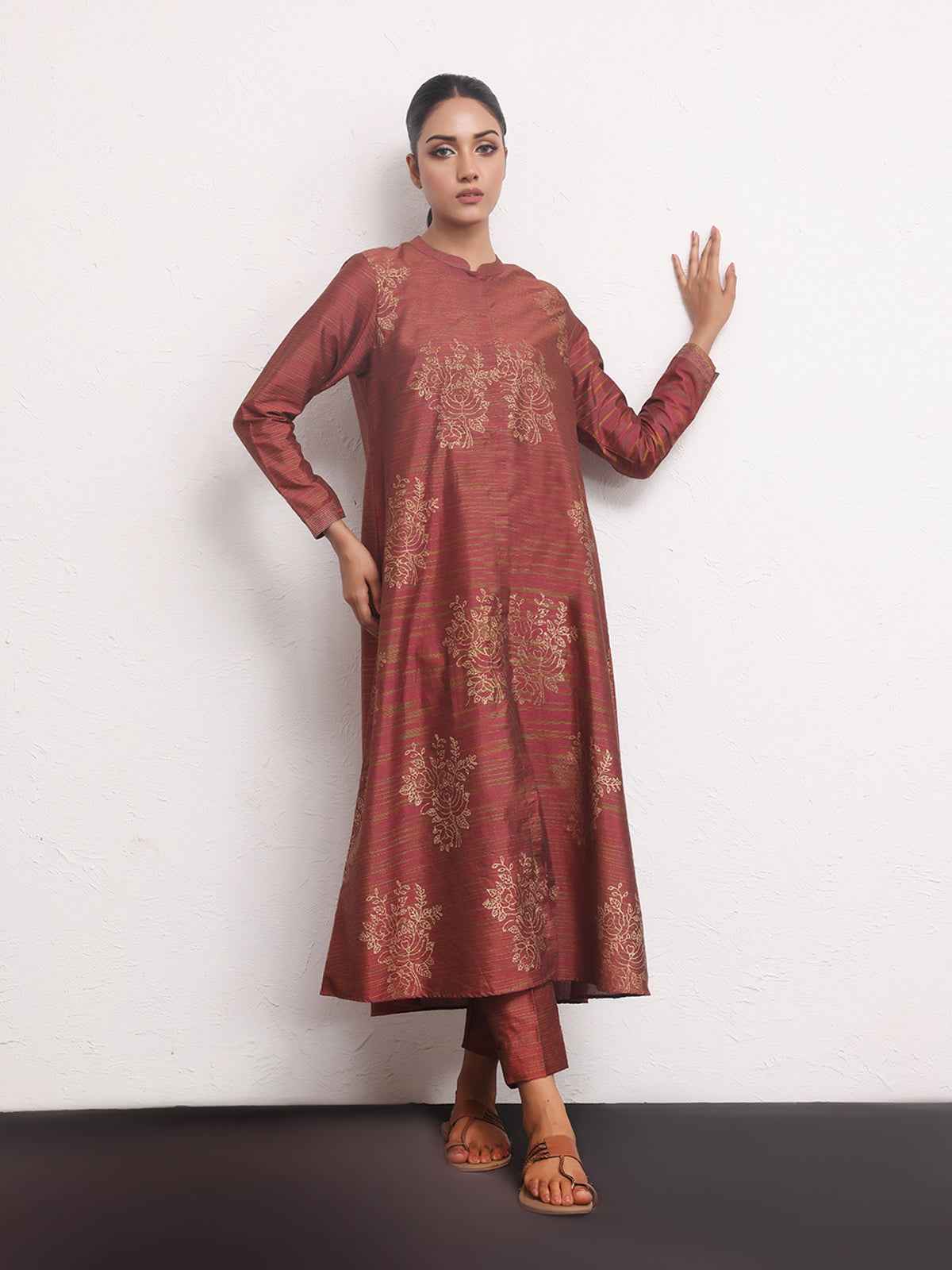 1Pc Printed Pret Kurti Yarn Dyed Rust - OWKTG-2306013