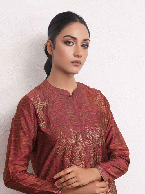 1Pc Printed Pret Kurti Yarn Dyed Rust - OWKTG-2306013