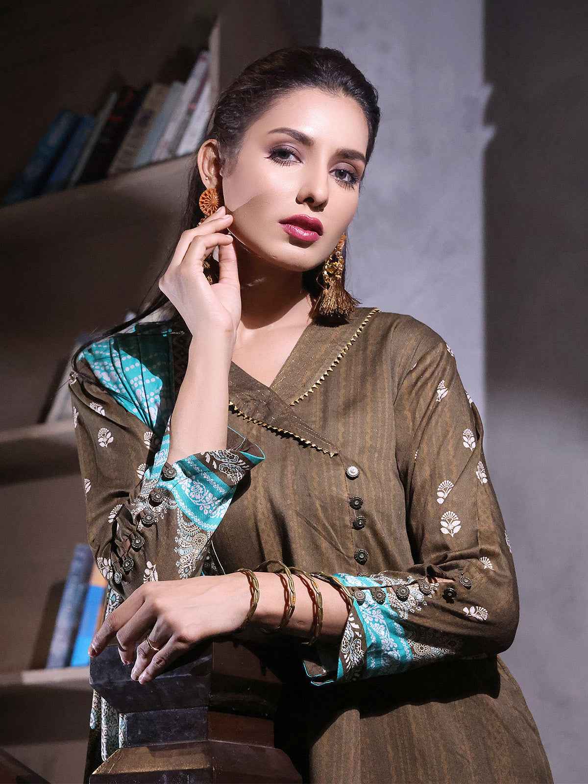 2Pc Printed Pret Shirt Dupatta Linen Brown - OWL2P-2209019