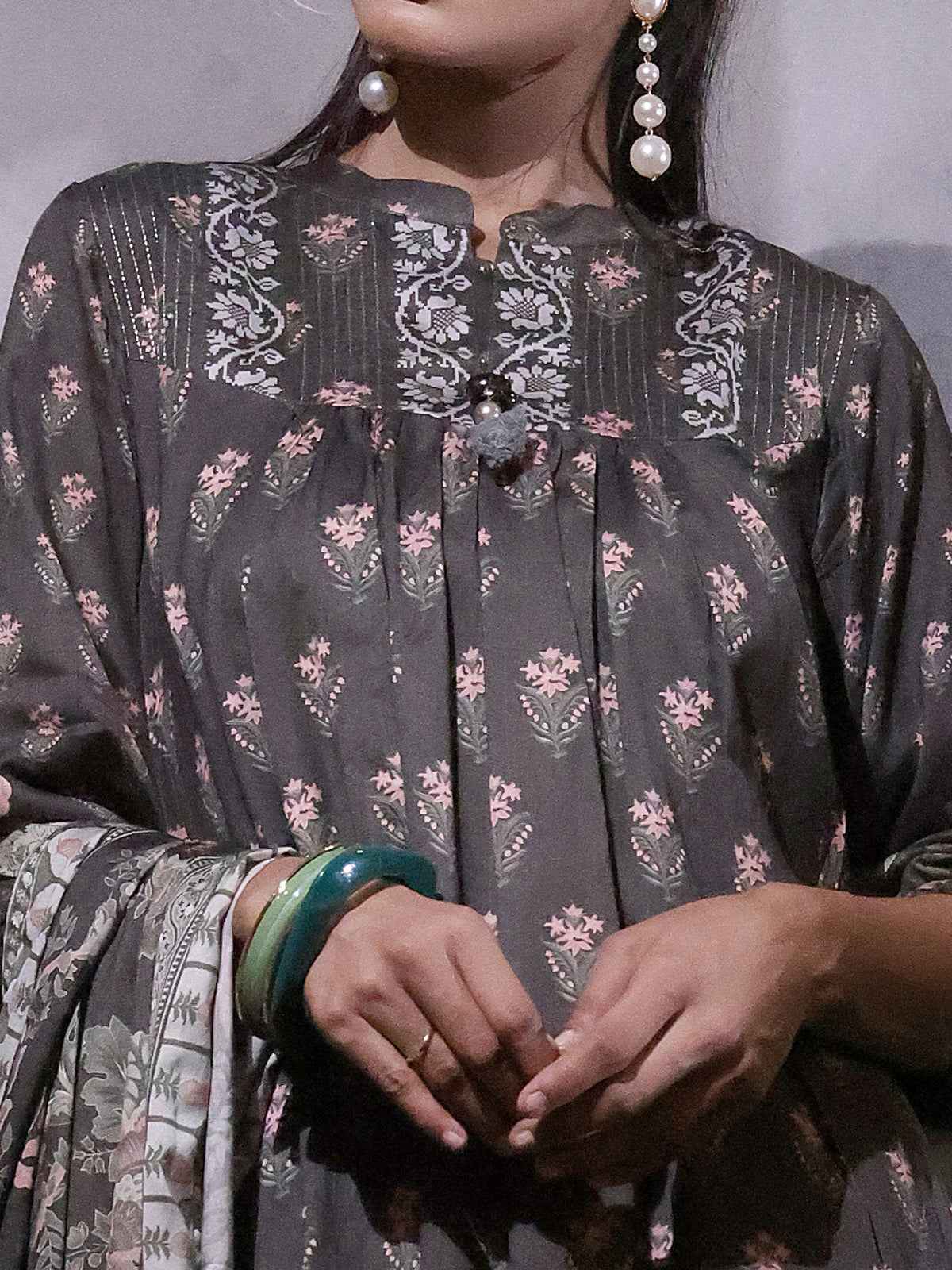 2Pc Printed Pret Shirt Dupatta Linen Charcoal - OWL2P-2209021
