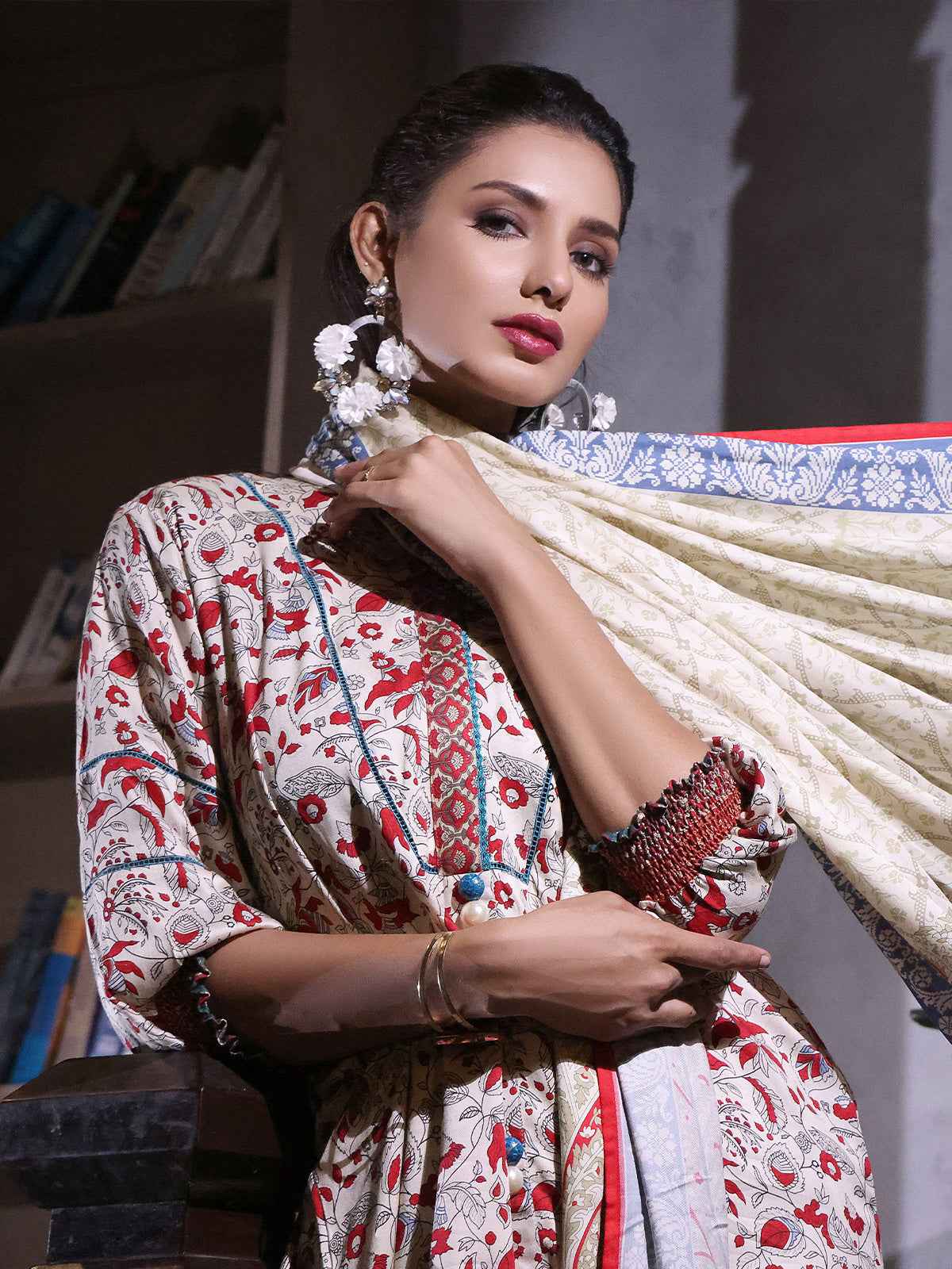 2Pc Printed Pret Shirt Dupatta Linen Off White & Red - OWL2P-2209022