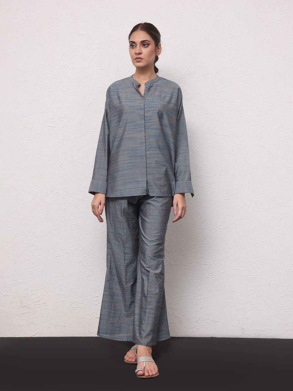 2Pc Solid Pret Shirt Trouser Yarn Dyed Grey - OW2PG-2306001-1