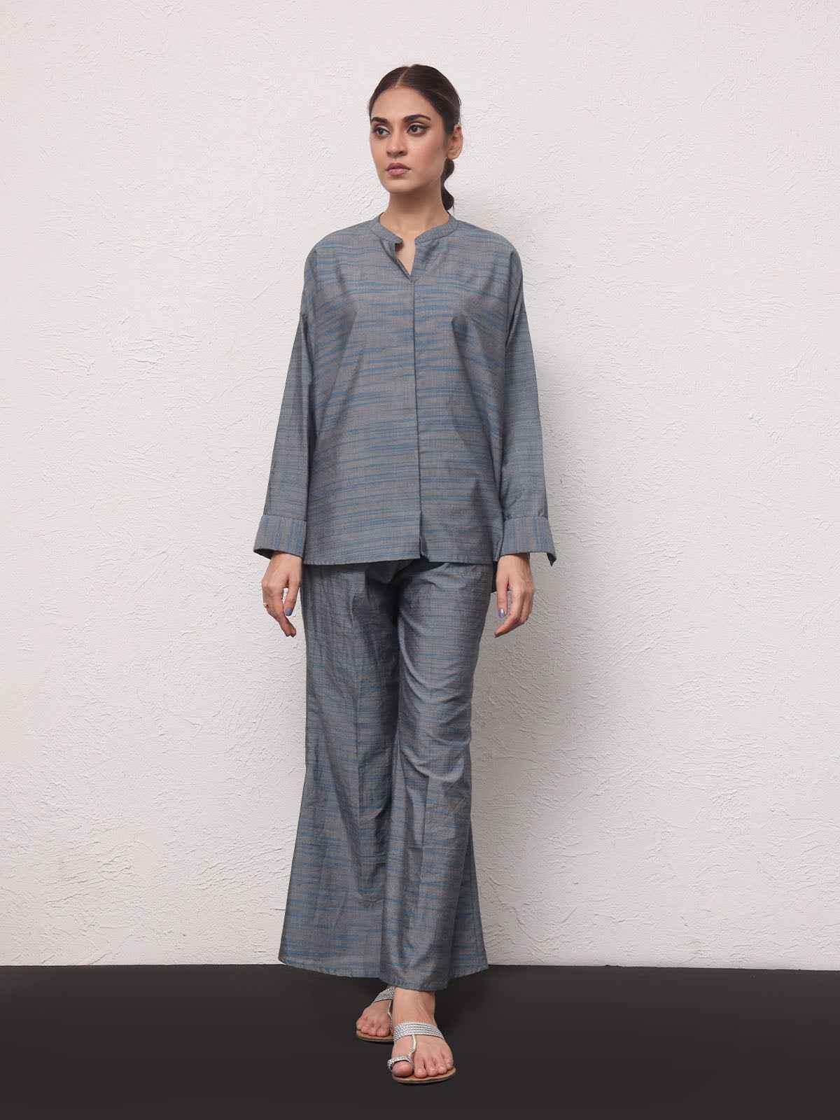 2Pc Solid Pret Shirt Trouser Yarn Dyed Grey - OW2PG-2306001-1
