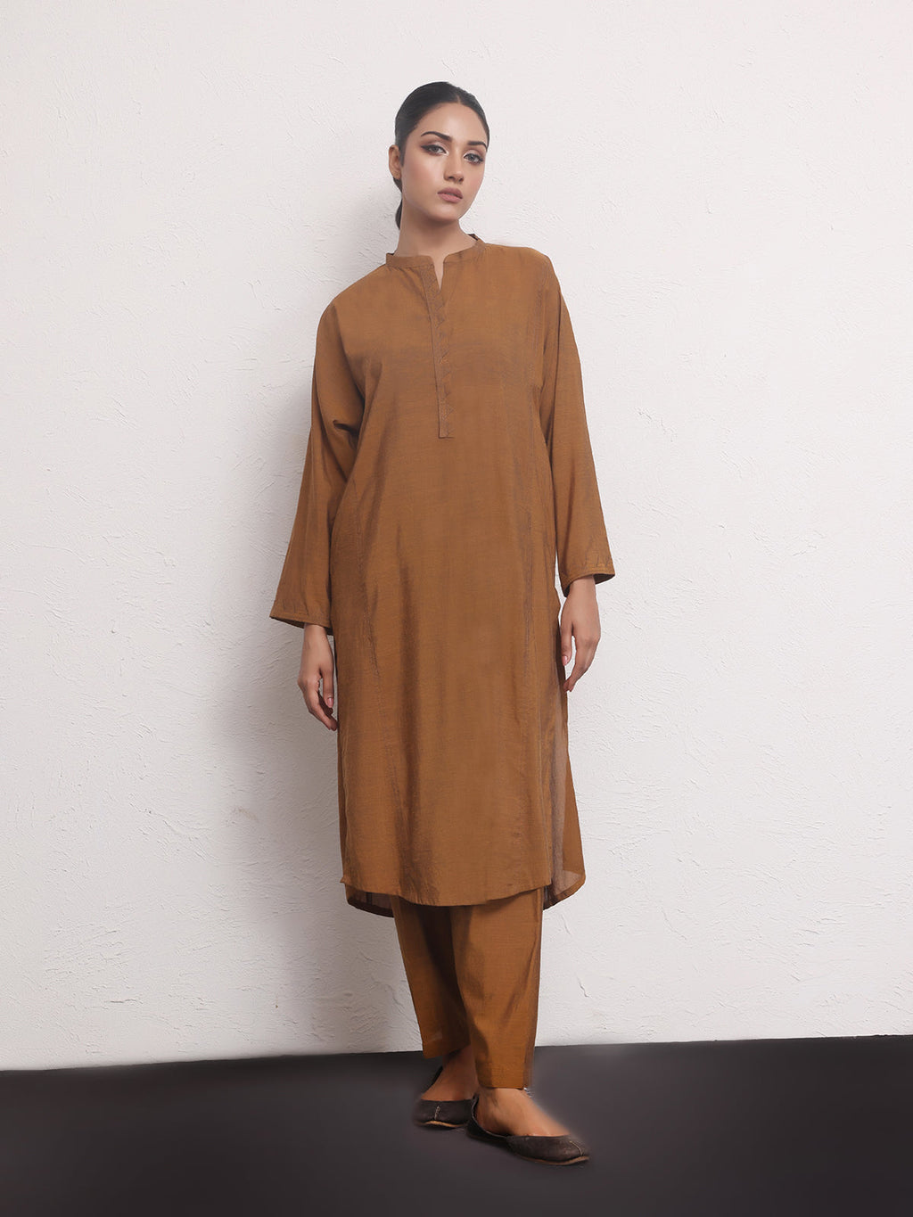 2Pc Solid Pret Shirt Trouser Yarn Dyed Brown - OW2PG-2306001