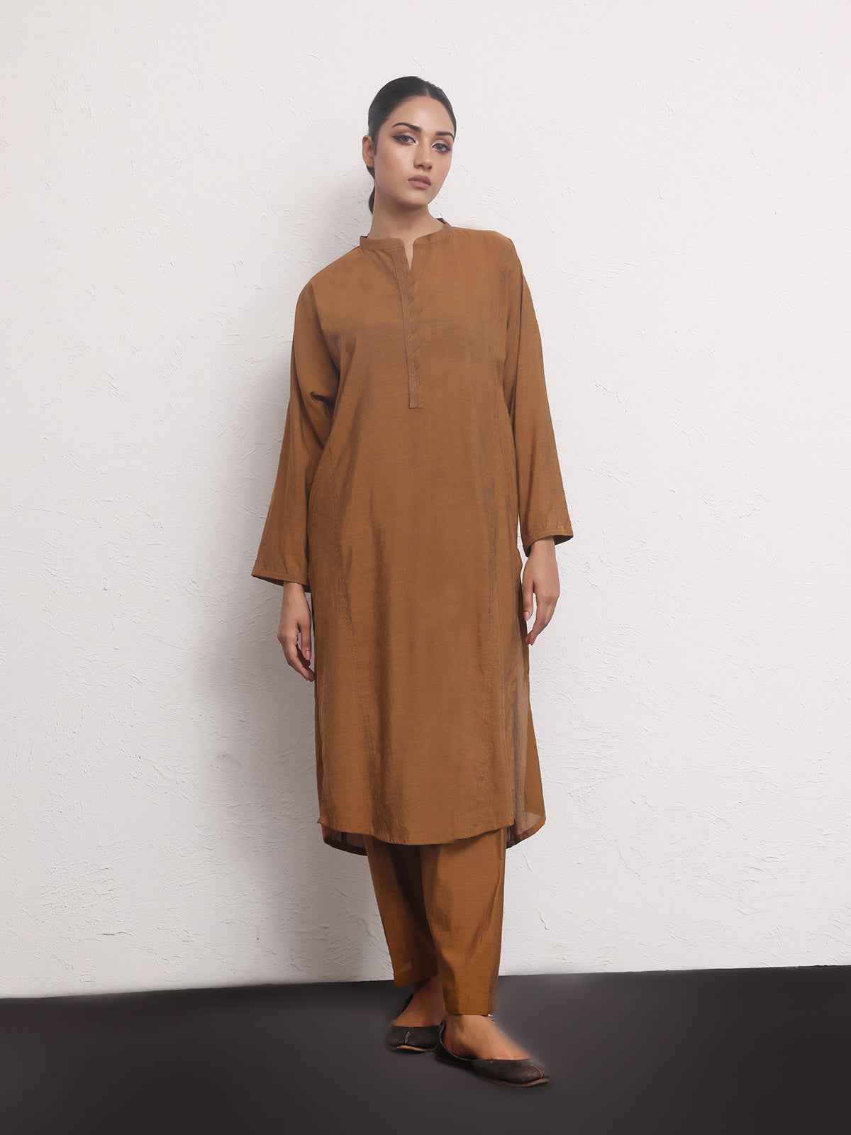 2Pc Solid Pret Shirt Trouser Yarn Dyed Brown - OW2PG-2306001
