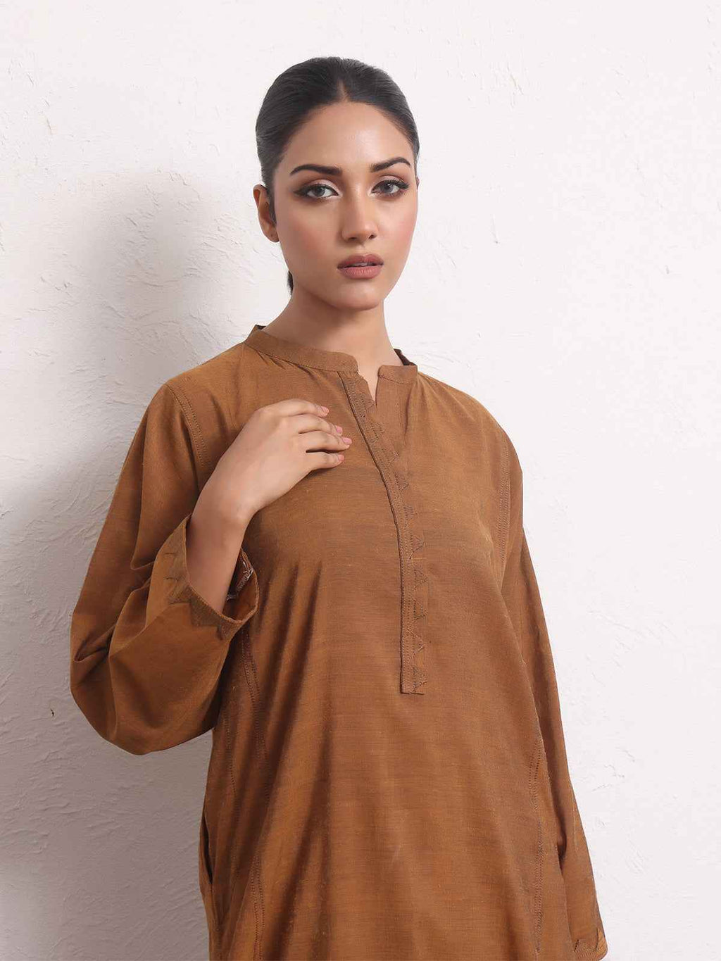 2Pc Solid Pret Shirt Trouser Yarn Dyed Brown - OW2PG-2306001