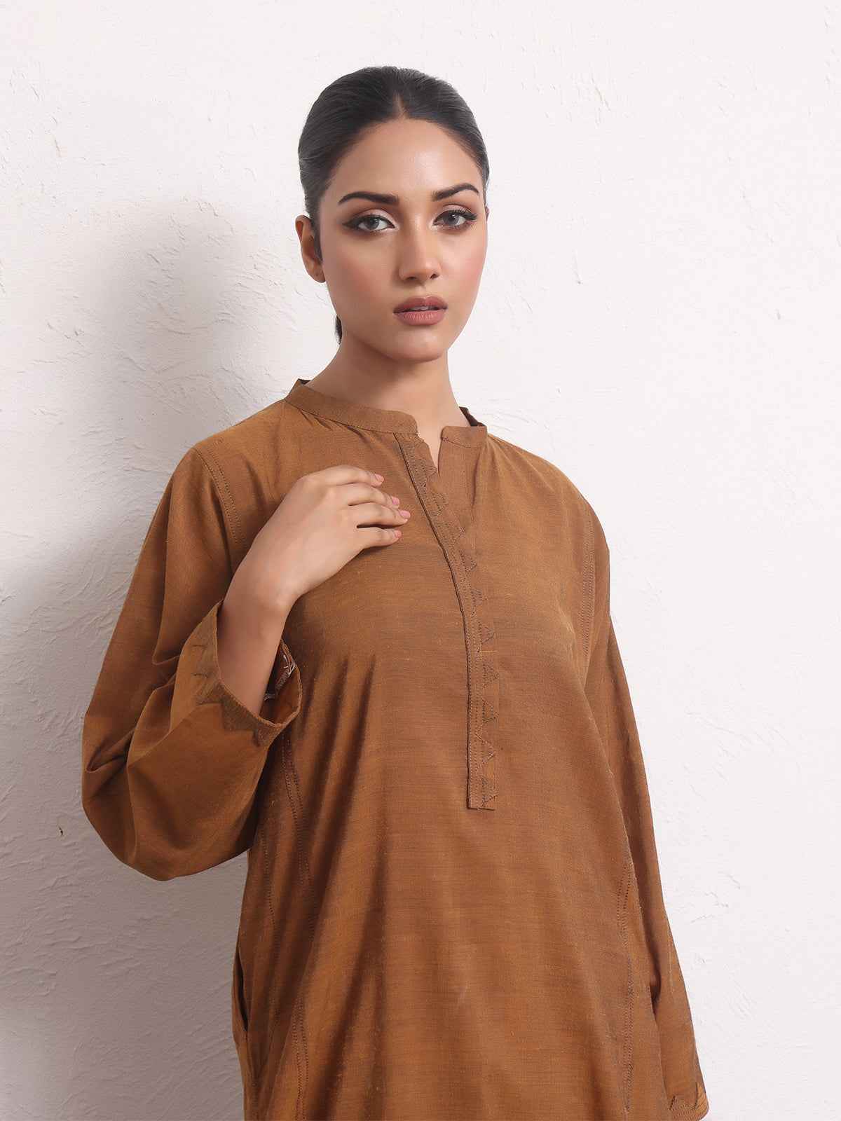 2Pc Solid Pret Shirt Trouser Yarn Dyed Brown - OW2PG-2306001