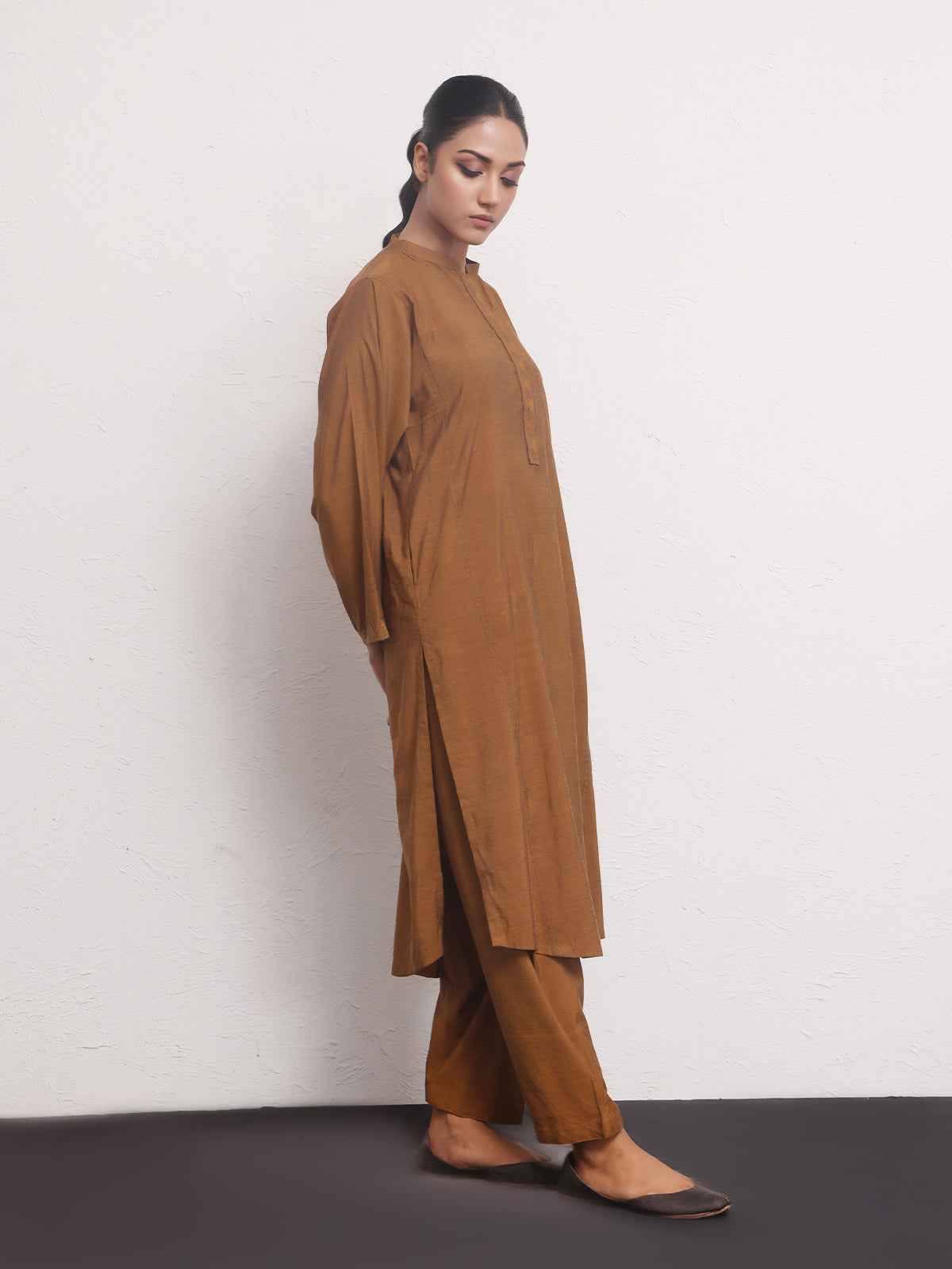 2Pc Solid Pret Shirt Trouser Yarn Dyed Brown - OW2PG-2306001