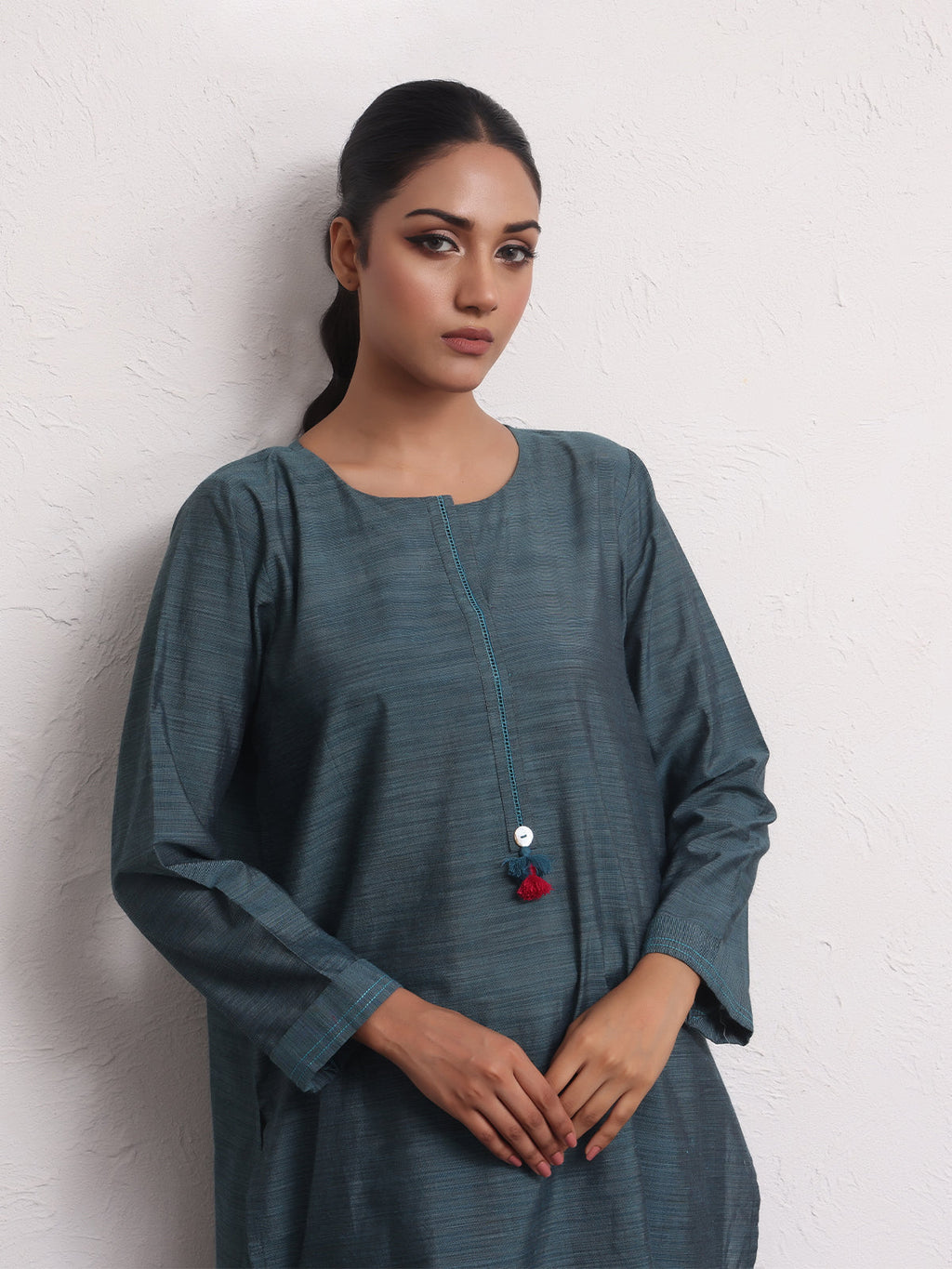 2Pc Solid Pret Shirt Trouser Yarn Dyed Navy Blue - OW2PG-2306002