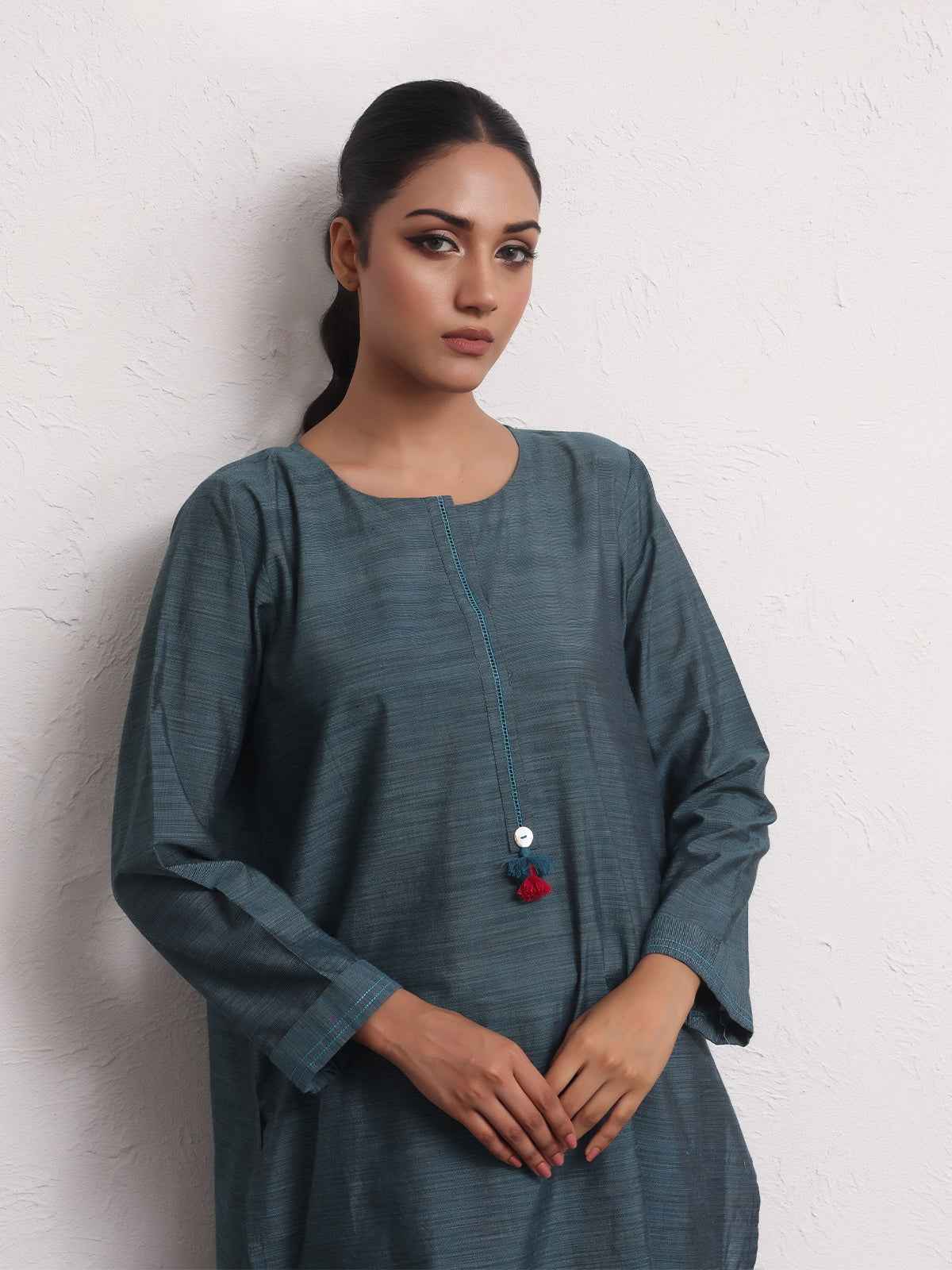 2Pc Solid Pret Shirt Trouser Yarn Dyed Navy Blue - OW2PG-2306002