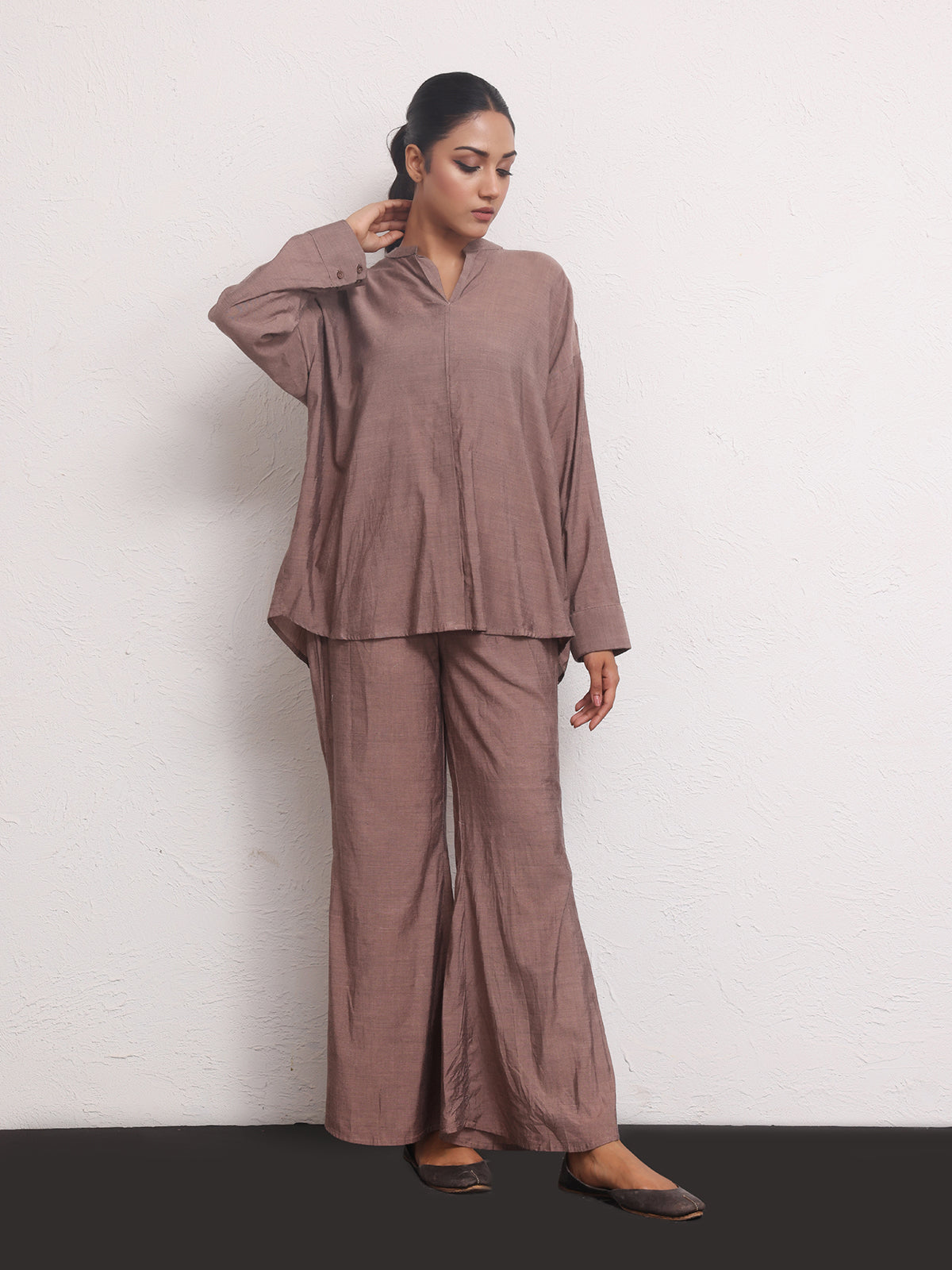 2Pc Solid Pret Shirt Trouser Yarn Dyed Brown - OW2PG-2306003