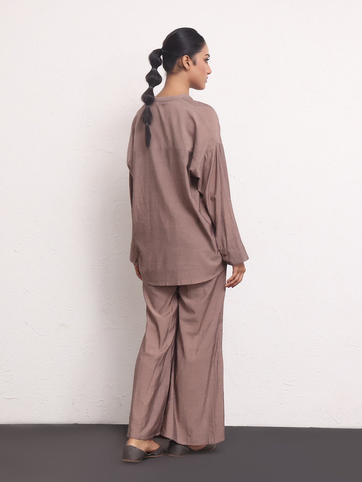 2Pc Solid Pret Shirt Trouser Yarn Dyed Brown - OW2PG-2306003