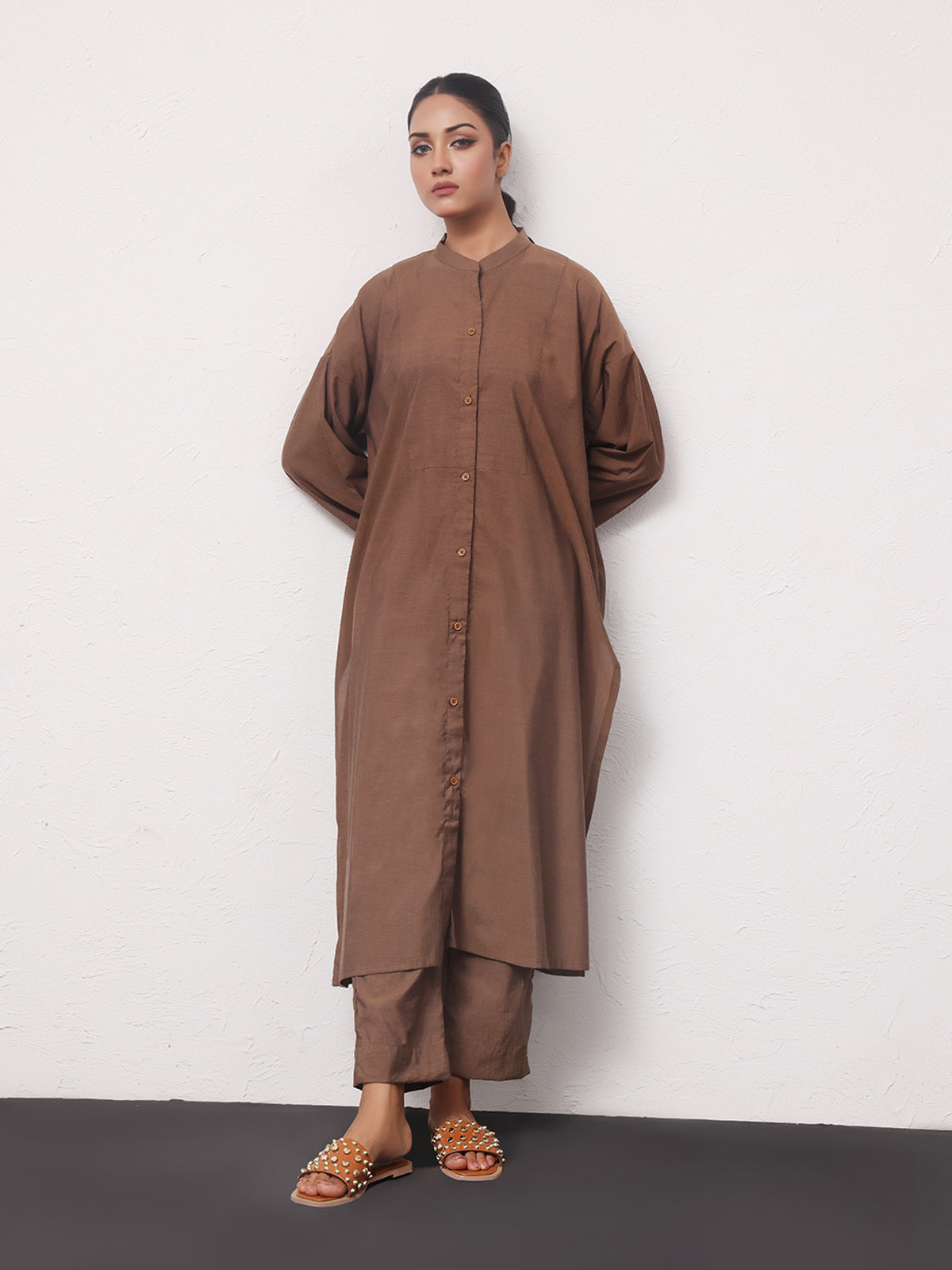 2Pc Solid Pret Shirt Trouser Yarn Dyed Brown - OW2PG-2306006-1