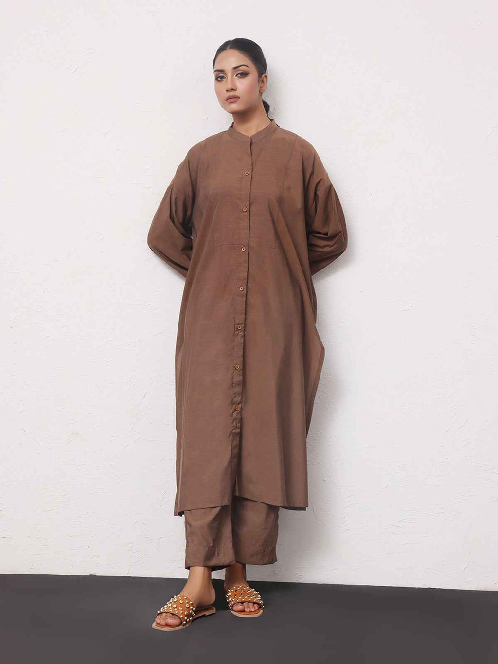 2Pc Solid Pret Shirt Trouser Yarn Dyed Brown - OW2PG-2306006-1