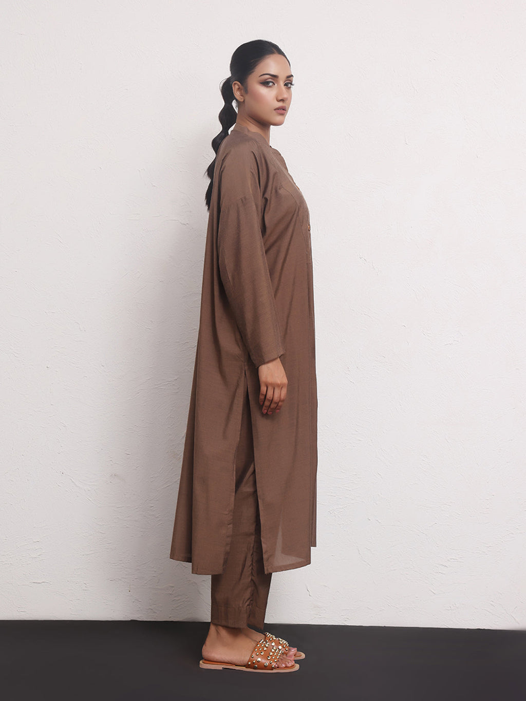 2Pc Solid Pret Shirt Trouser Yarn Dyed Brown - OW2PG-2306006-1