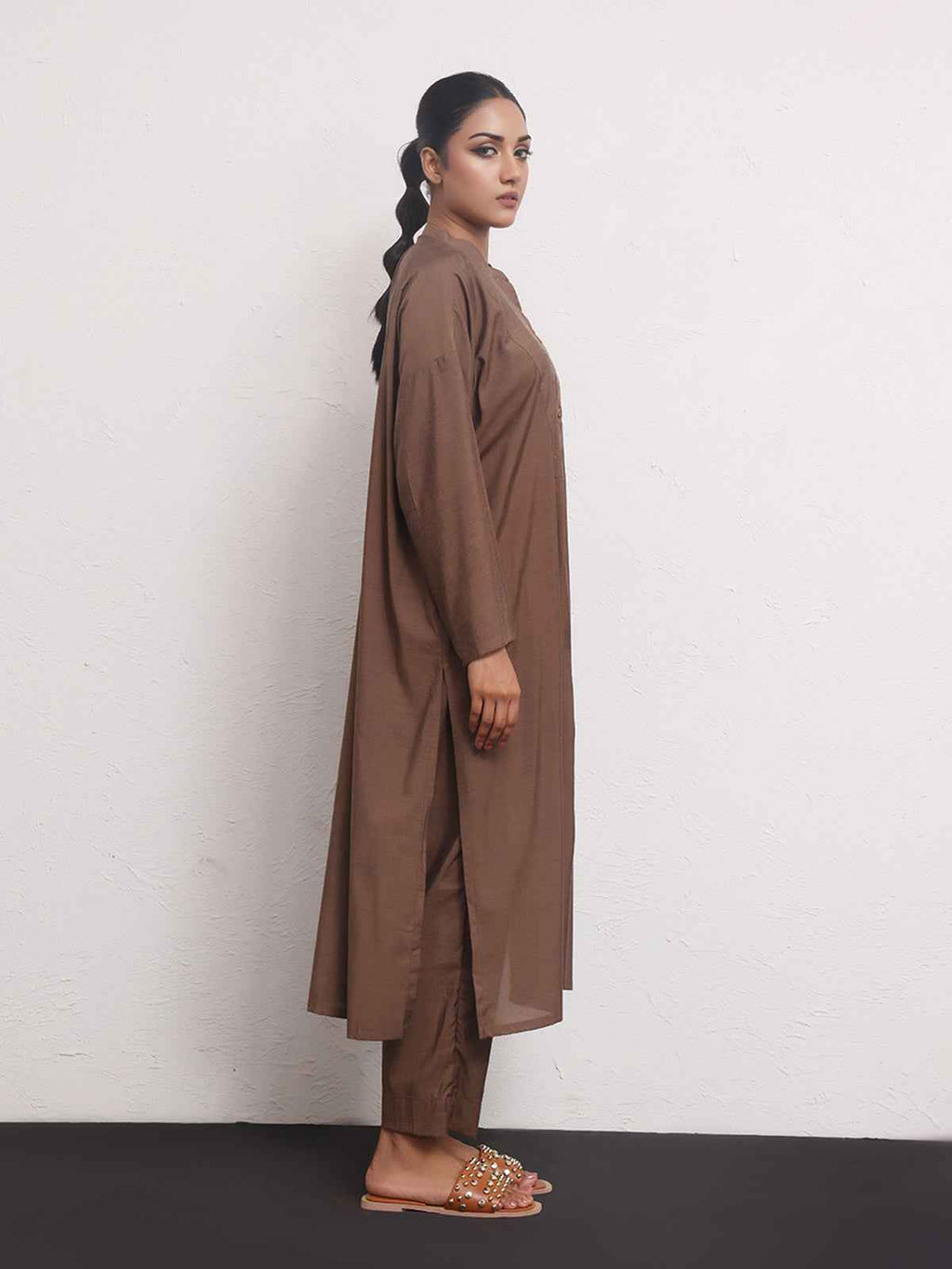 2Pc Solid Pret Shirt Trouser Yarn Dyed Brown - OW2PG-2306006-1
